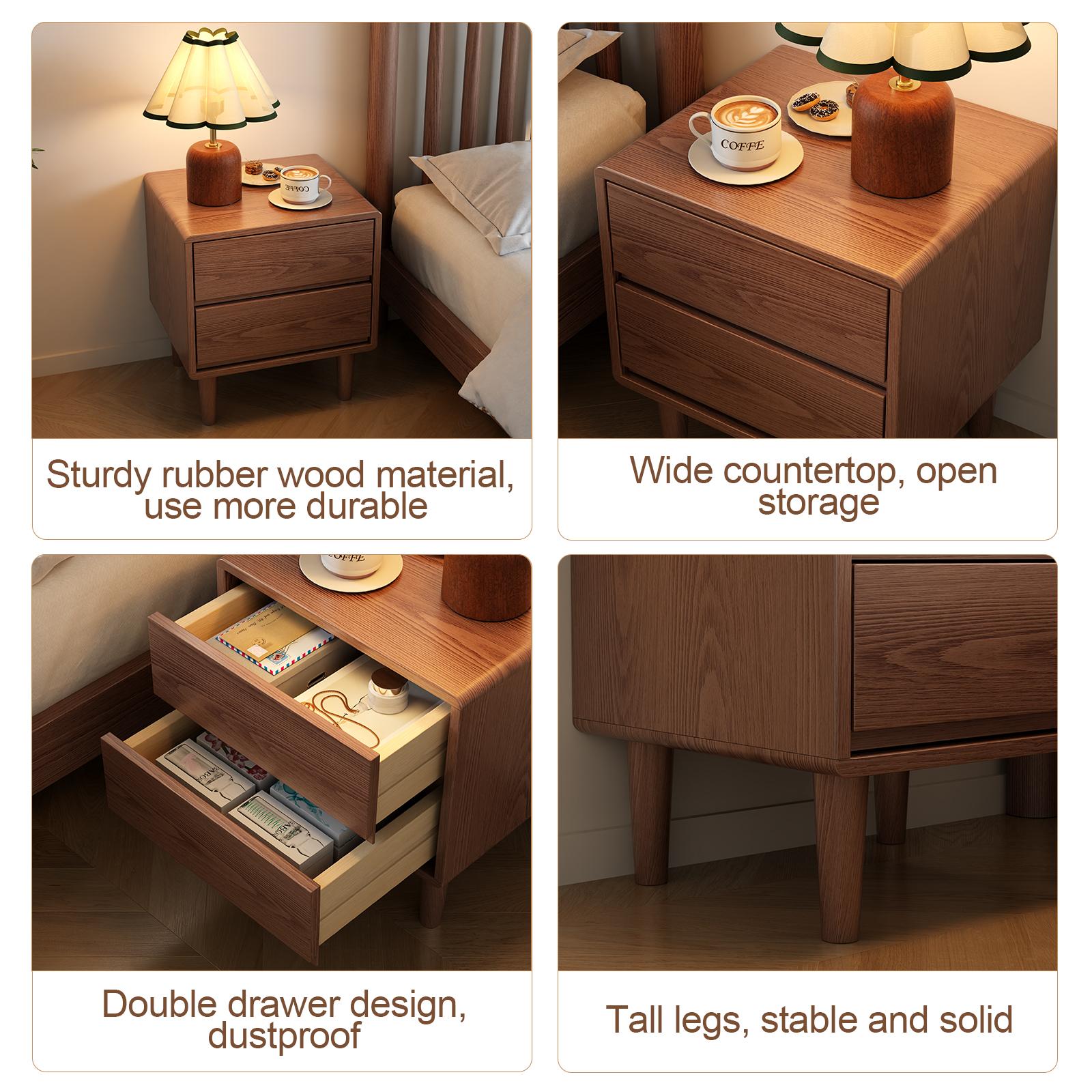 Solid Wood Nightstand with Drawers - Mid-Century Modern Storage Nightstand, Hand-Polished Edges Refined Wood Bedside Table for Modern Bedroom Arm’s Reach Storage