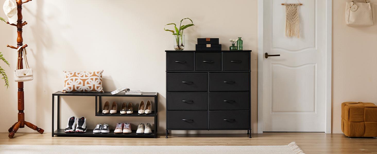 【Summer Sale】Sweetcrispy 9 Drawers Dresser for Bedroom, Storage Drawers, Fabric Storage Tower Chest of Drawers with Fabric Bins, Sturdy Metal Frame