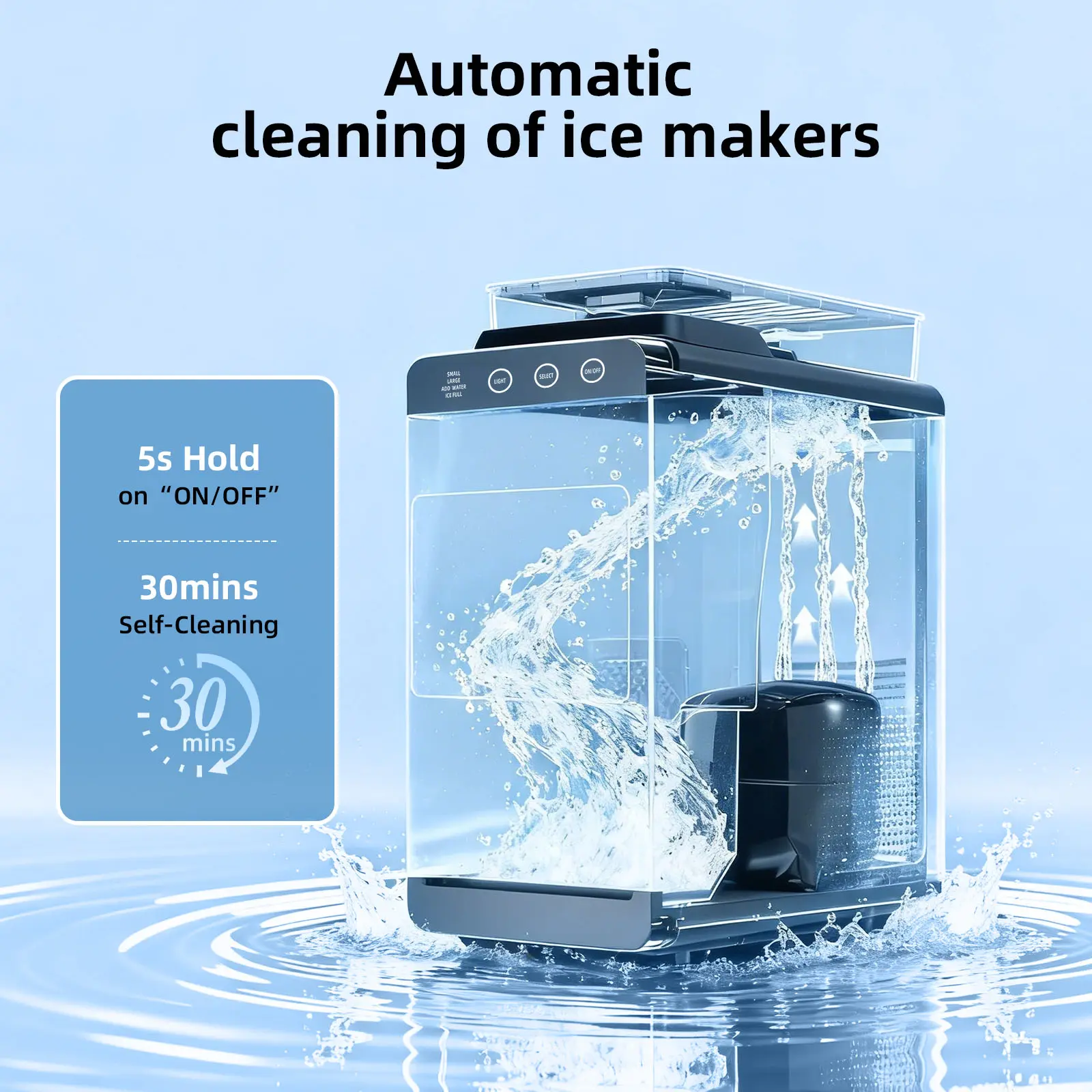 Ice Maker, Portable Ice Machine with Self-Cleaning Function, 8 Cubes in 6 Mins Fast Countertop Ice Making, Compact Ice Cube Maker for Home, Kitchen, RV, Travel, Steel