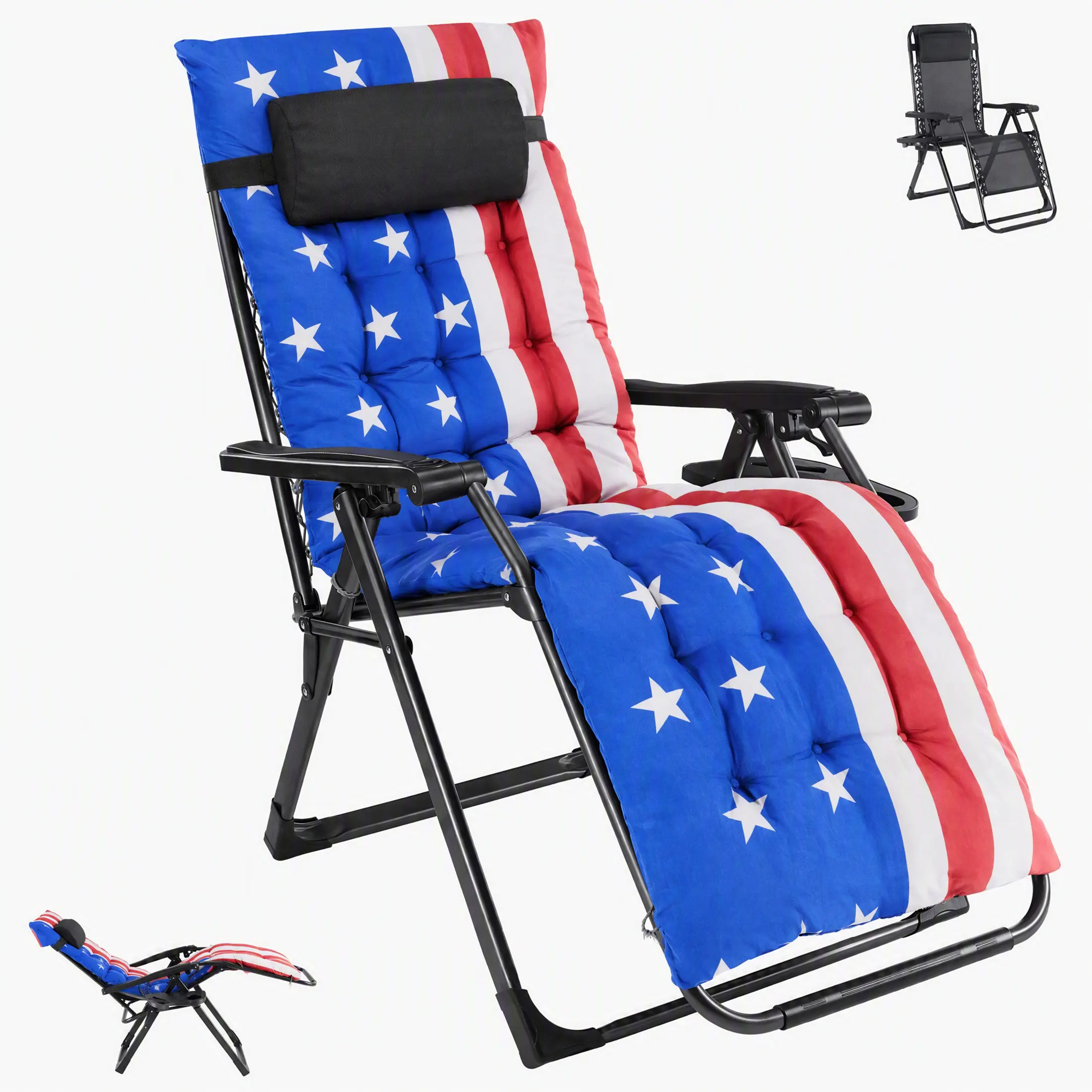 HULIABU Zero Gravity Reclining Outdoor Chair, Foldable Patio Lounge Chair with Adjustable Backrest, Metal Frame, Removable Cushion & Cup Holder Trays for Poolside, Backyard & Garden