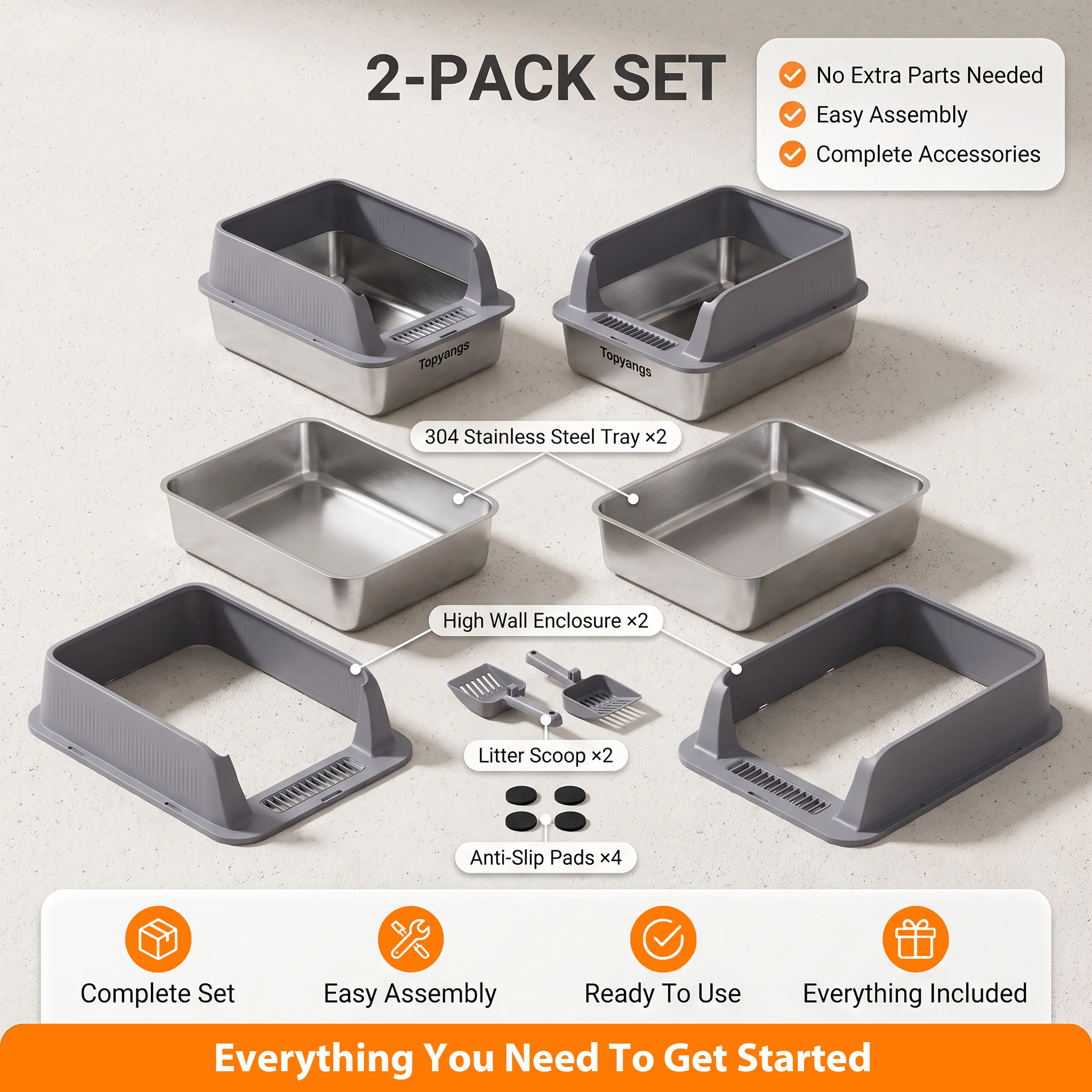Topyangs 2-Pack Stainless Steel Cat Litter Box, Extra Large High Anti-Splash Sides, Leak-Proof Non-Stick Metal Litter Pans, Easy to Clean, Comes with 2 Litter Scoops, Ideal for Multi-Cat Families