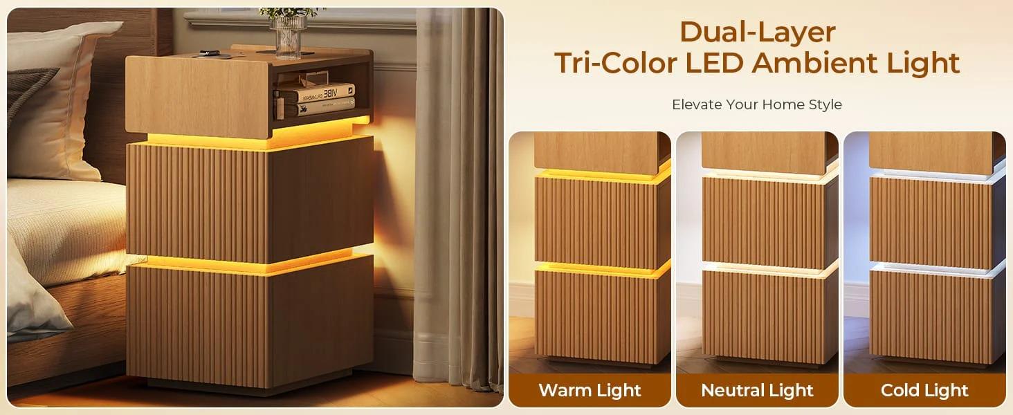 Sikaic Smart Skinny Fluted Engineered Wood Nightstand Bedside Table - 2 Drawers, 2 AC Outlets, 3-Color LED Strips, Charging Station, Raised Shelves, Groove Texture, Open Storage, Lipped Tabletop, Compact Modern Bedroom Furniture for Small Rooms Sikaic Smart Skinny Fluted Engineered Wood Nightstand Bedside Table - 2 Drawers, 2 AC Outlets, 3-Color LED Strips, Charging Station, Raised Shelves, Groove Texture, Open Storage, Lipped Tabletop, Compact Modern Bedroom Furniture for Small Rooms