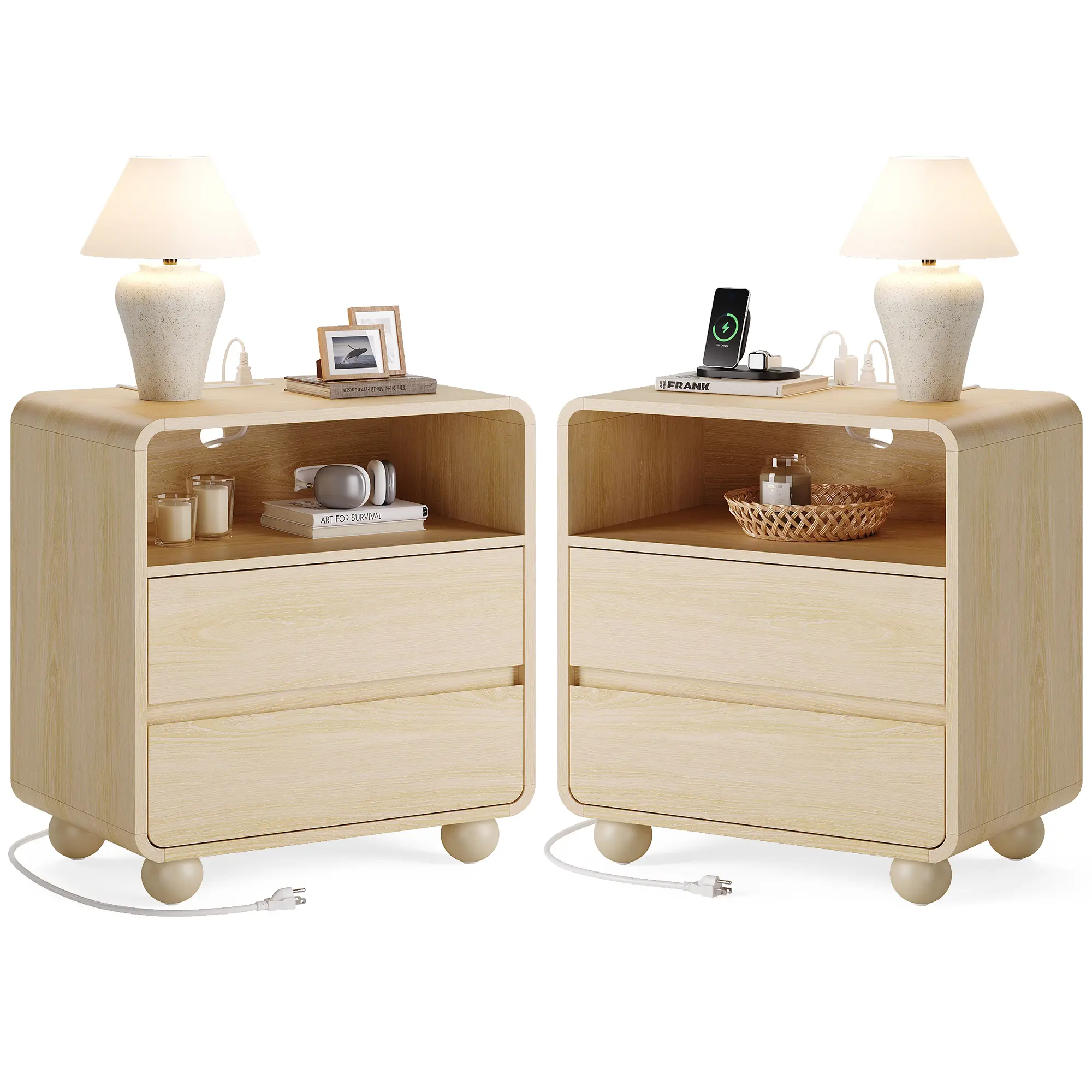 Curved Wooden Nightstand with Charging Station | 2 Drawers & Open Shelf
