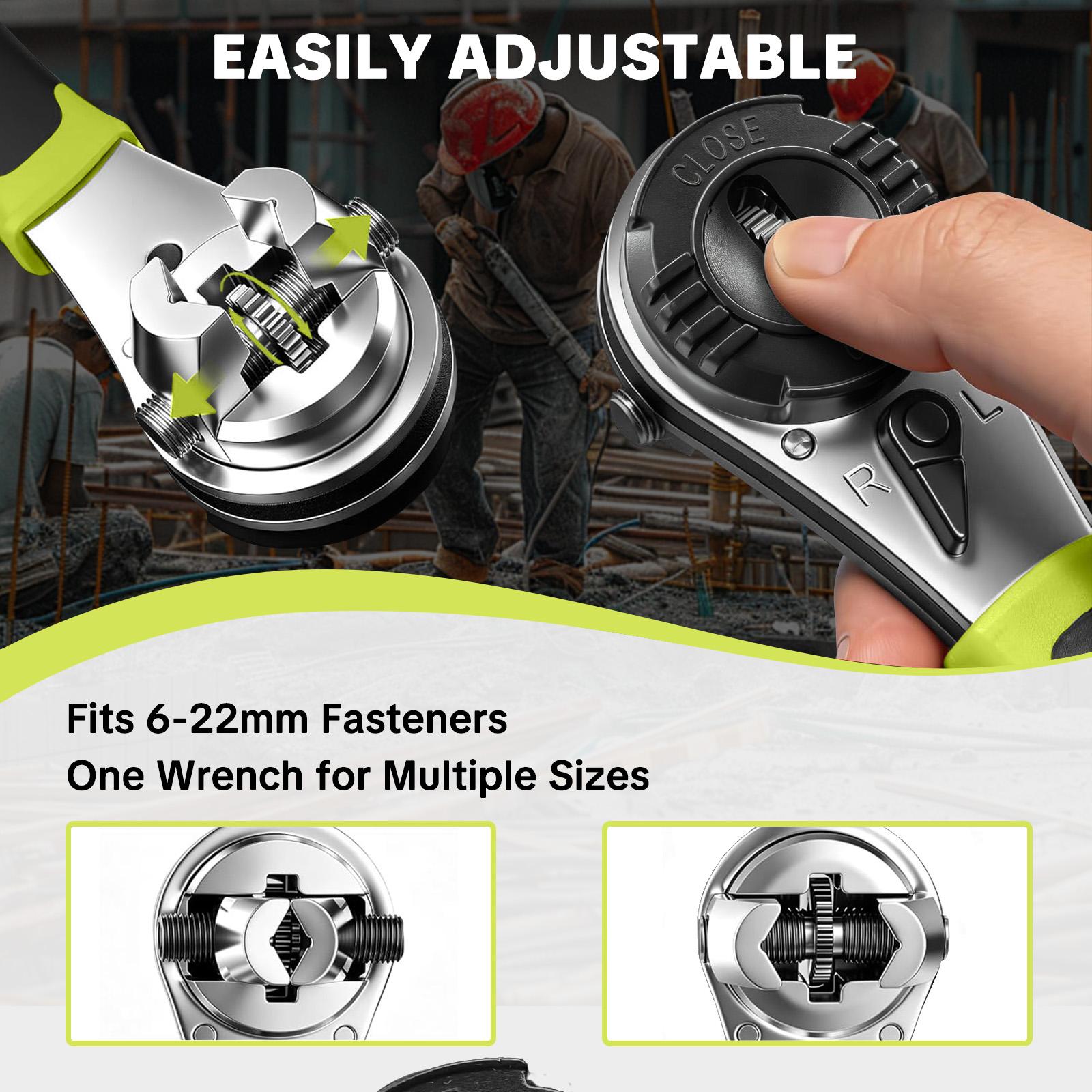 SEESE Adjustable Ratchet Wrench Kit for 6-22mm Screw, Portable Adjustable Ratcheting Wrench Set with Non-slip Handle