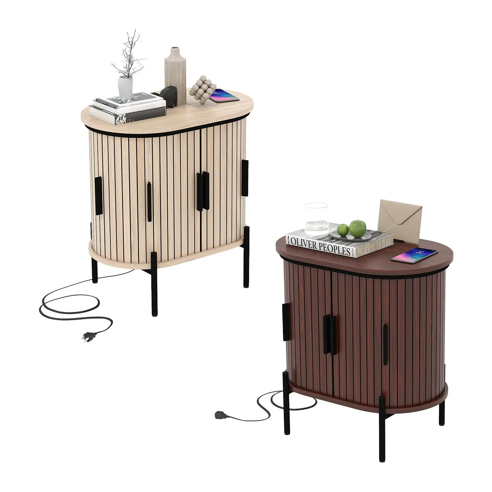 Chic Mid-Century Oak Wood Nightstand, Fluted Tambour Bedside Table with Charging Port, Storage Cabinet, Easy Assembly, Compact Wooden Side Table for Bedroom & Small Spaces