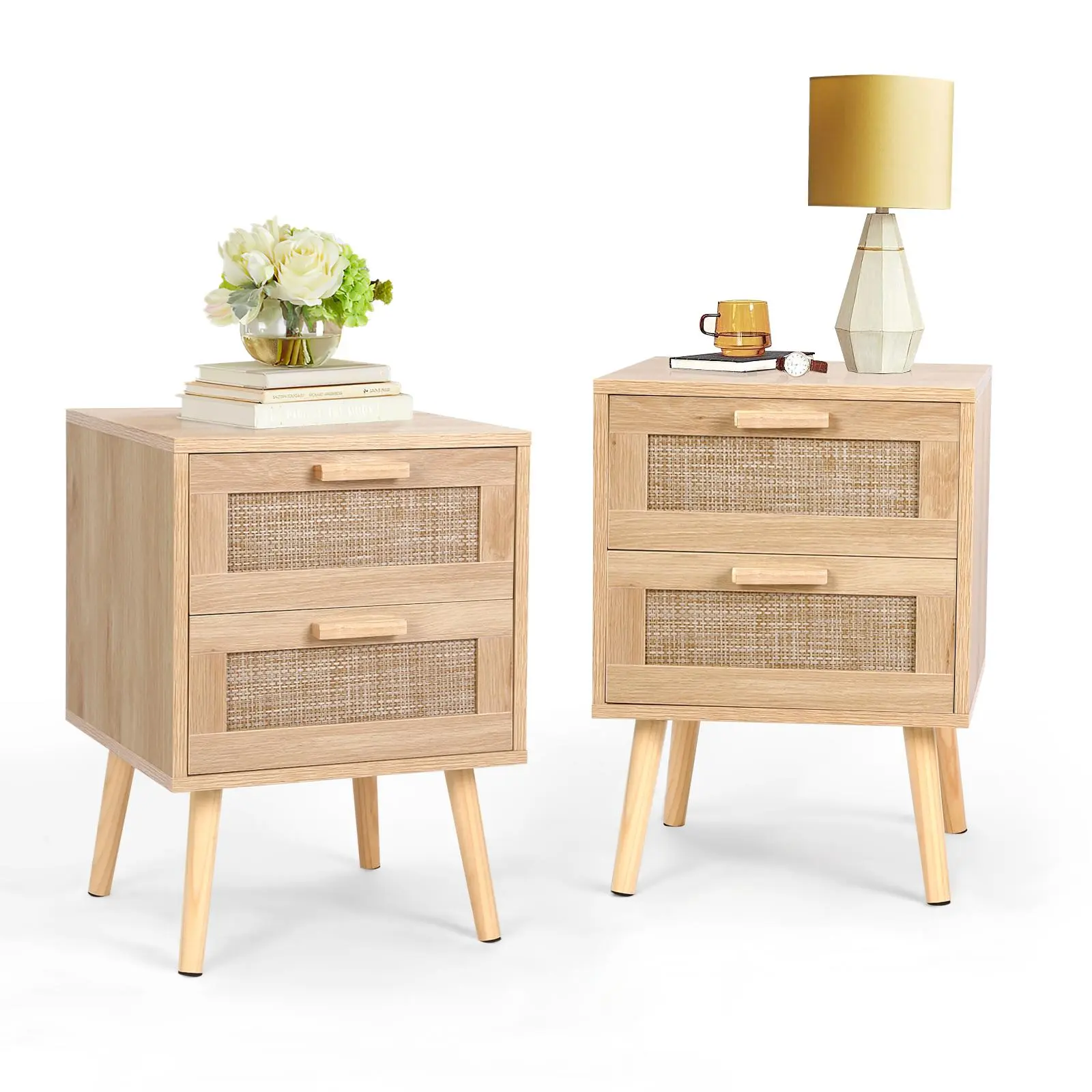 Rattan Nightstand | 2 Drawer Storage, Solid Wood Legs, Easy Assembly