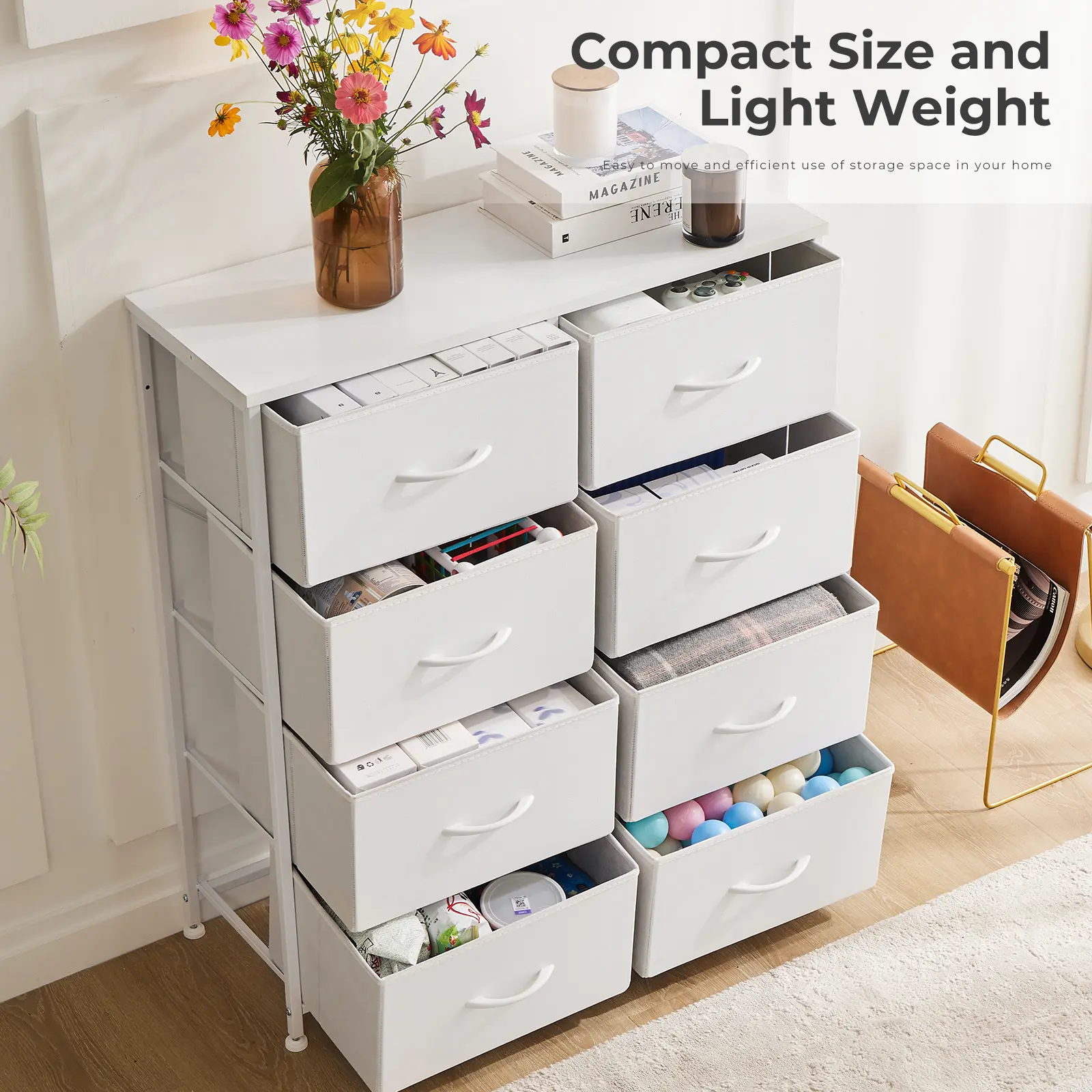 Dresser for Bedroom Drawer Dresser Organizer Storage Drawers Fabric Storage Tower, Chest of Drawers with 8 Fabric Bins, Steel Frame, Wooden Top