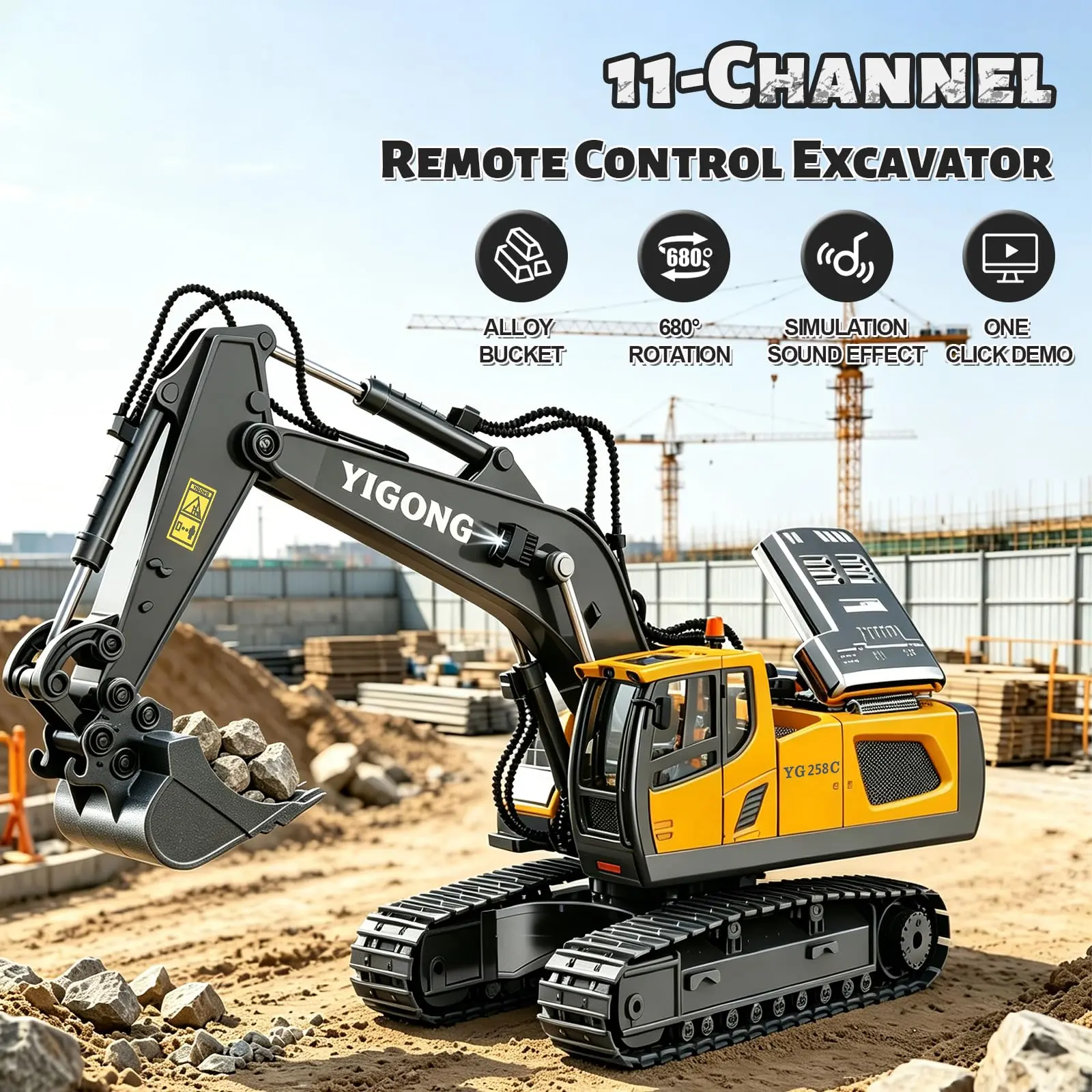 (Easy for kids!)Excavator RC Construction Truck 2.4G High-tech Remote-Control Bulldozer Construction Vehicle Electronic Toy Features lights, sounds and realistic tracks, suitable for children's play, children's gifts, birthday gifts,not 100% metal