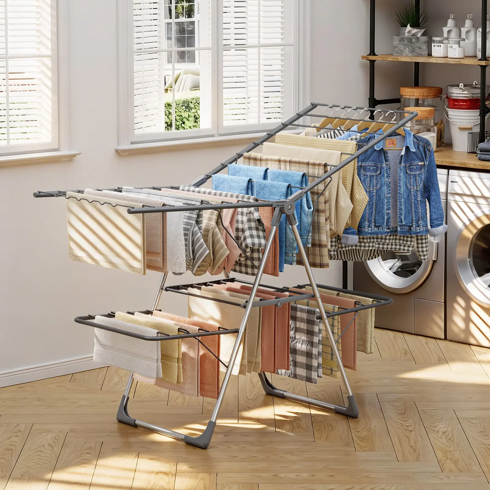 HULIABU Foldable Clothes Drying Rack, Freestanding Laundry Airer with Multiple Hanging Bars, Space-Saving Collapsible Drying Stand for Indoor & Outdoor Use