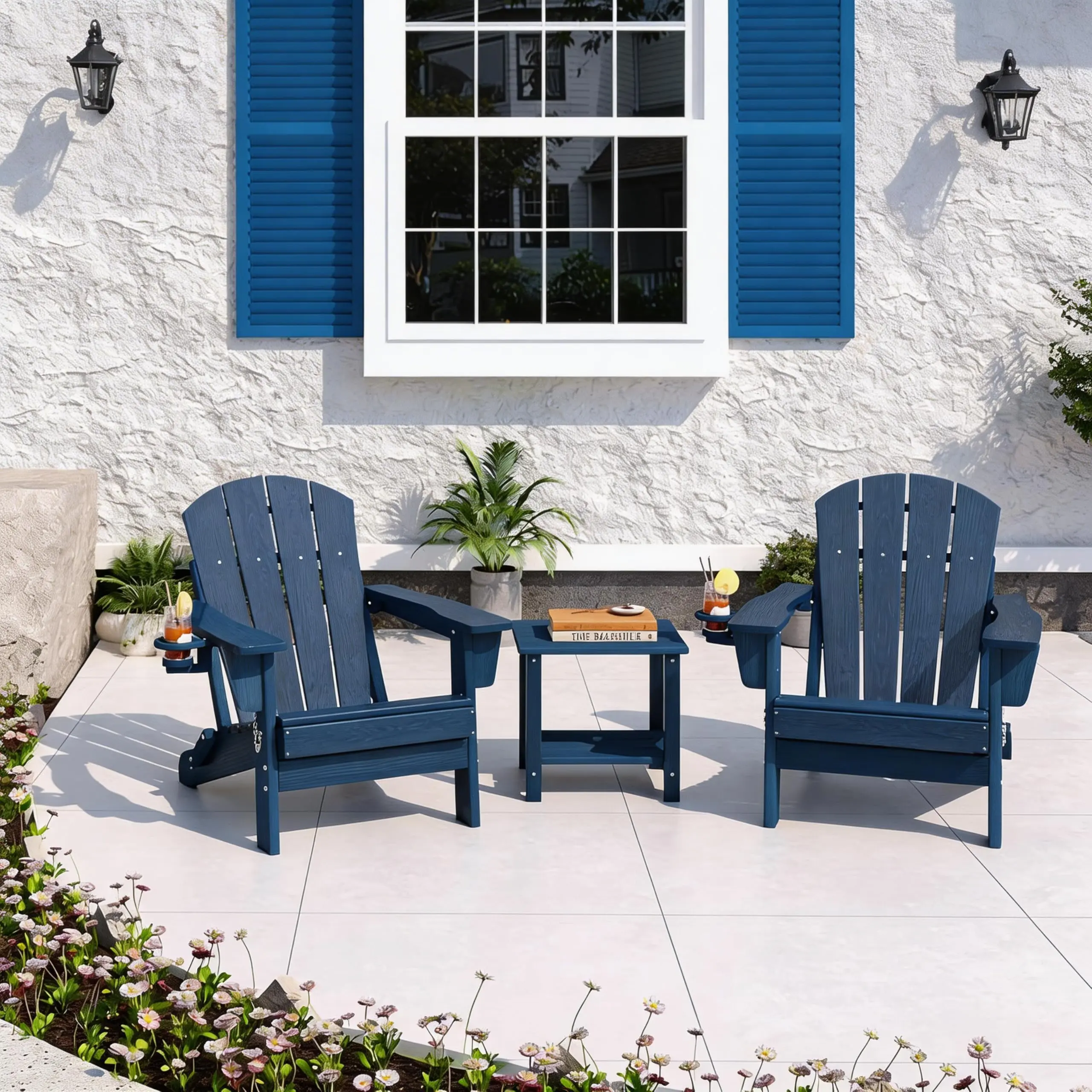 Garvee Folding Adirondack Chair in Navy Blue - Durable HDPE Outdoor Patio Chair with Cup Holder, All-Weather Resistant Wooden Texture, Perfect for Backyard, Lawn, Garden, and Fire Pit Areas, Easy to Assemble