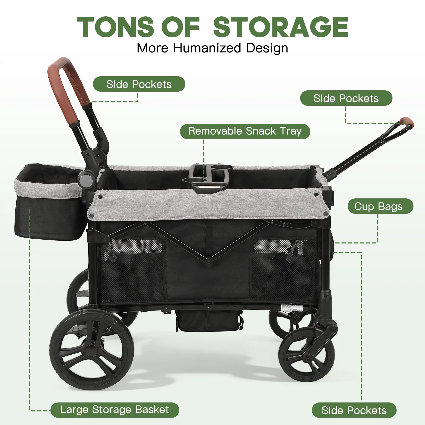 Dripex Stroller Wagon for 2 Kids, All-Terrain Foldable Kids Wagon Stroller with Removable Canopy, Mosquito Net, Snack Tray, Cup Holders & Storage Basket