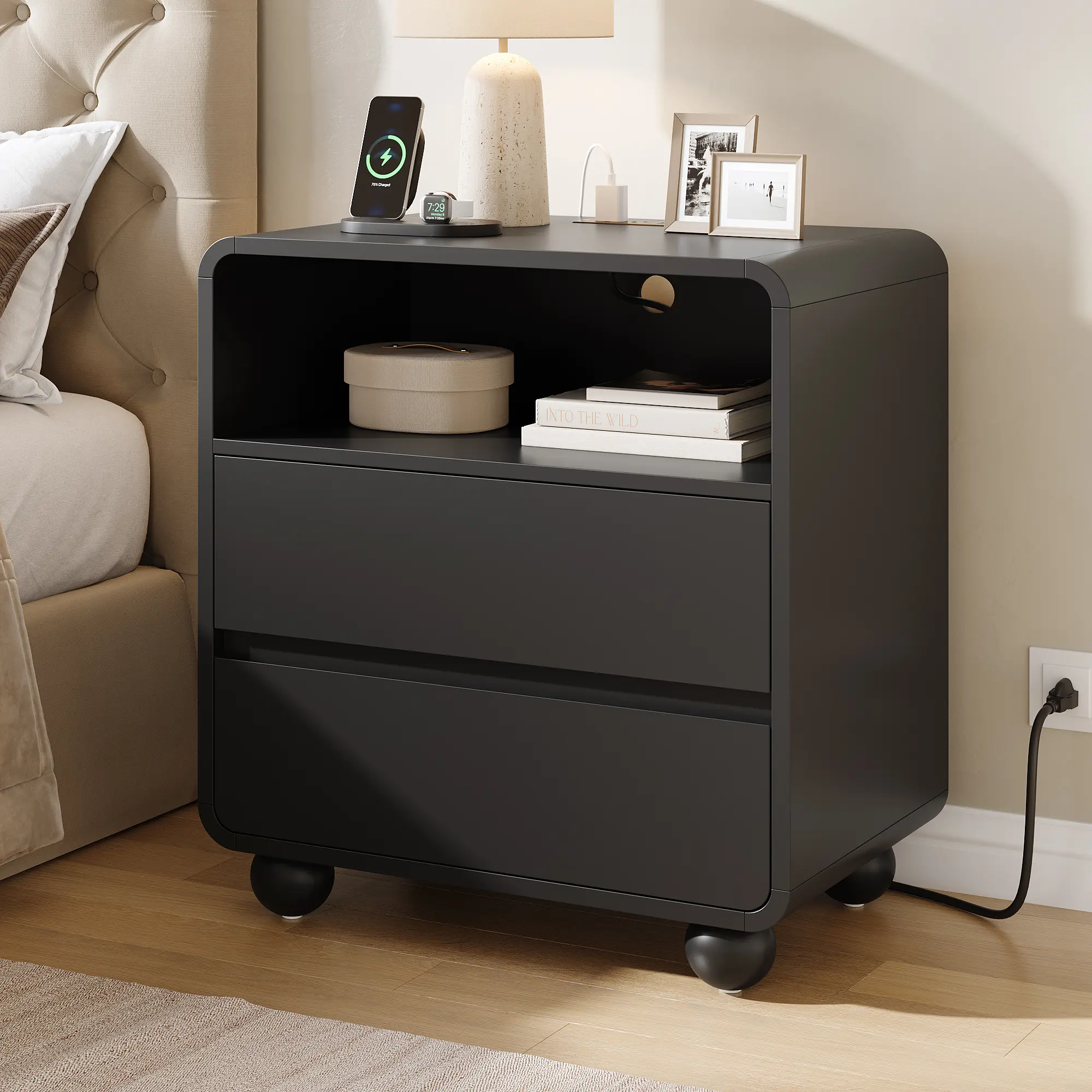 Curved Wooden Nightstand with Charging Station | 2 Drawers & Open Shelf