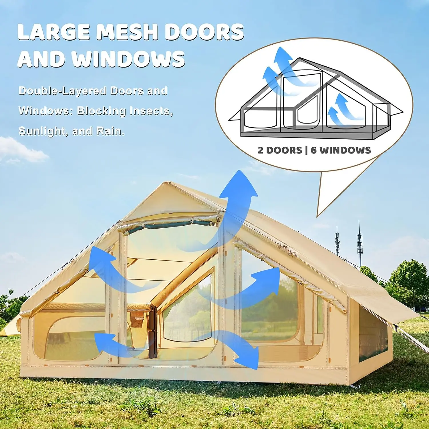 DoCred Large Inflatable Camping Tent with Pump, Glamping Tents with Stove Jack, Easy Set up 4 Season Waterproof Windproof Outdoor Gazebo, Luxury Cabin Tent with Removable Mesh Windows & Doors for Beach, Backyard, Sleepovers, Camping