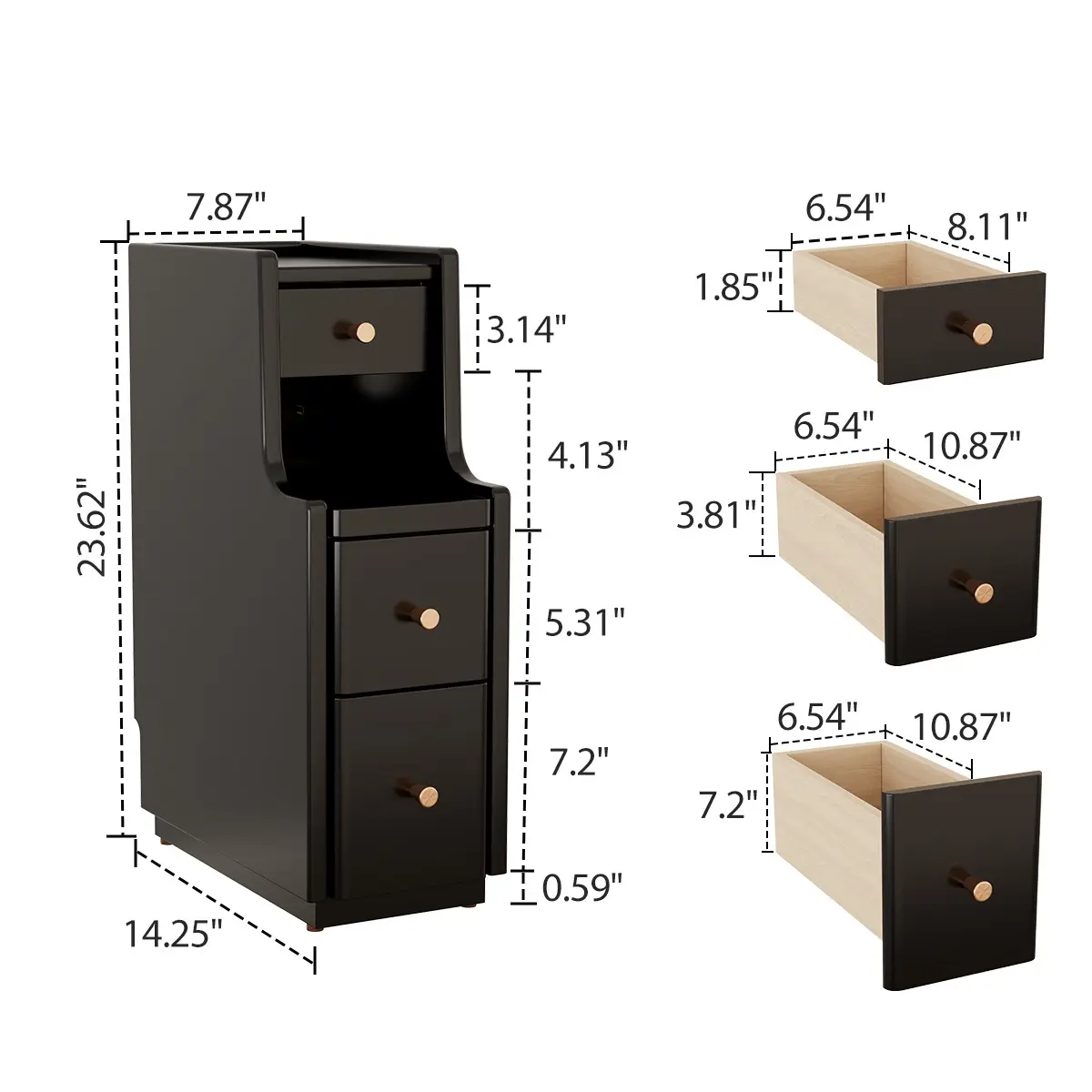 Solid Wood Fully Assembled Nightstand | 3-Drawer Slim Bedside Table, Quiet Glide, Modern Bedroom