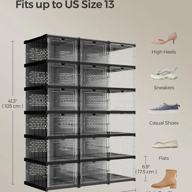 Collapsible Transparent PP Plastic Shoe Boxes - Foldable Stackable Portable 6-Cube Rack Organizer, Closet Storage for US Size 13, Ideal for Storage Organization & House Organizers, Shoe Organization
