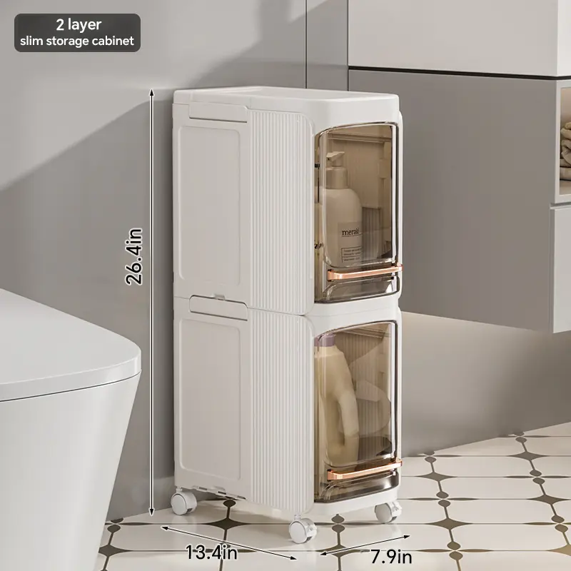 HULIABU 5-Layer Tall Narrow Plastic Storage Organizer - Slim Rectangular Cabinet with Doors, Adjustable Shelves, Wheels, Stackable Foldable Design, Under Sink Organization, Compartments, Ideal for Small Spaces, Renters,dorm essentials,home decor