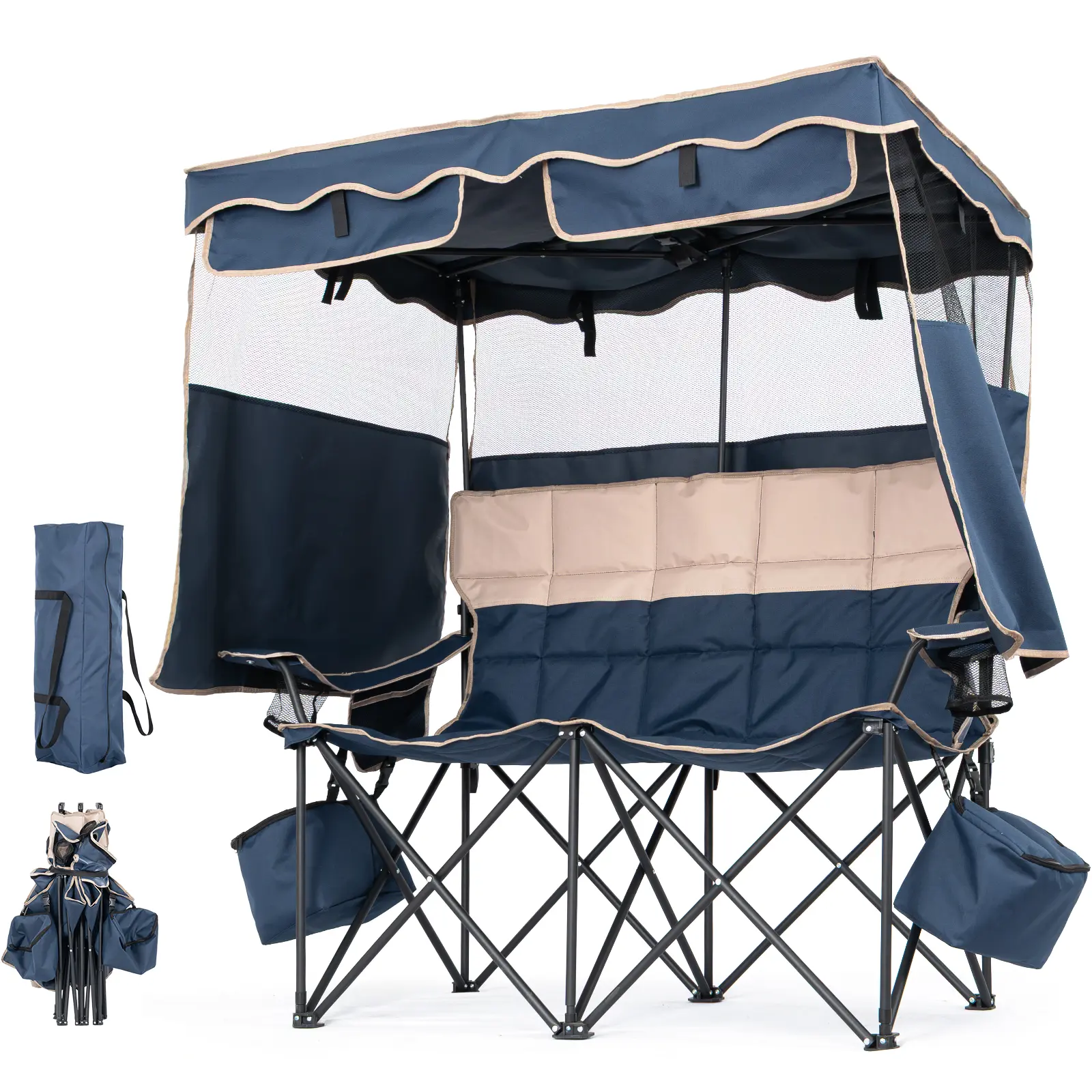 Lilypelle XXXL Double Camping Chair with Shade Canopy, 2‑Person Folding Beach Chair with Cup Holder & Carry Bag, Heavy‑Duty Steel Frame for Garden Patio Lawn Outdoor