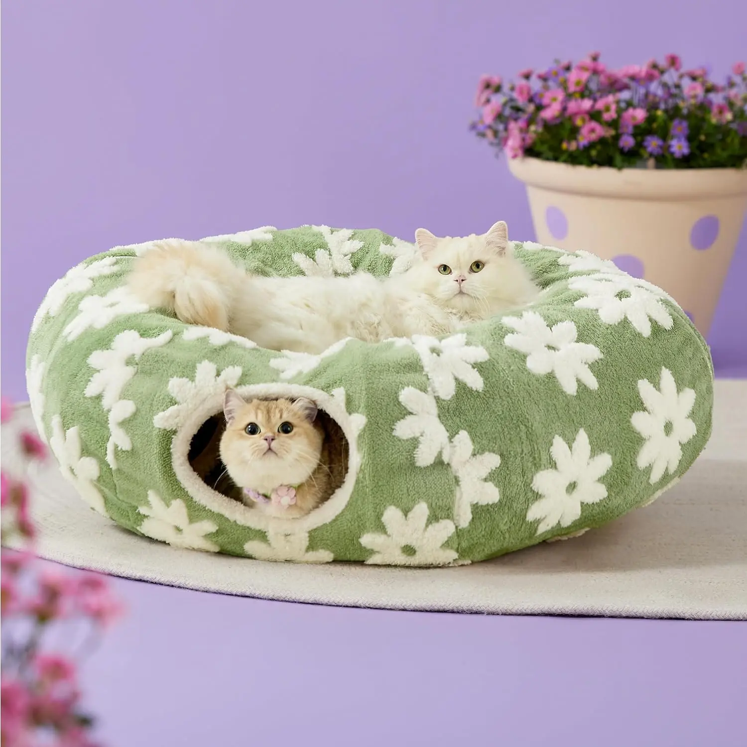 2‑in‑1 Donut Tunnel Pet Bed, Washable Round Cushion for Indoor Cats, Kittens, Puppies & Rabbits, Standard Blue