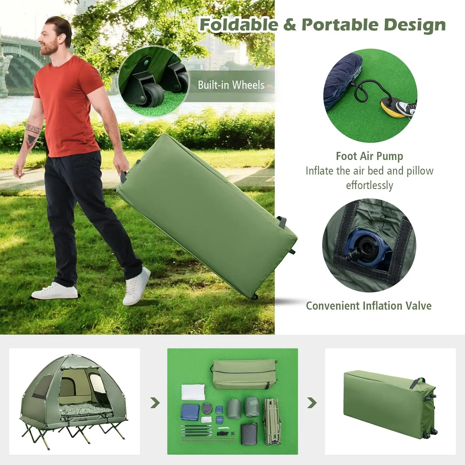 5-in-1 Tent Cot, Camping Tent Combo with Awning, Air Mattress, Sleeping Bag, Air Pillow, Camping Cot, with Carrying Bag for Outdoor Hiking
