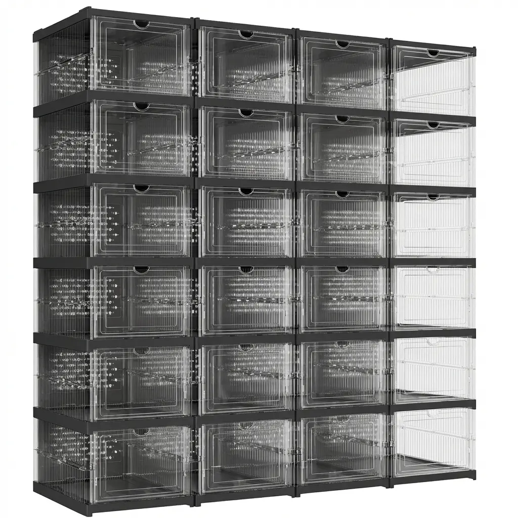 Collapsible Transparent PP Plastic Shoe Boxes - Foldable Stackable Portable 6-Cube Rack Organizer, Closet Storage for US Size 13, Ideal for Storage Organization & House Organizers, Shoe Organization