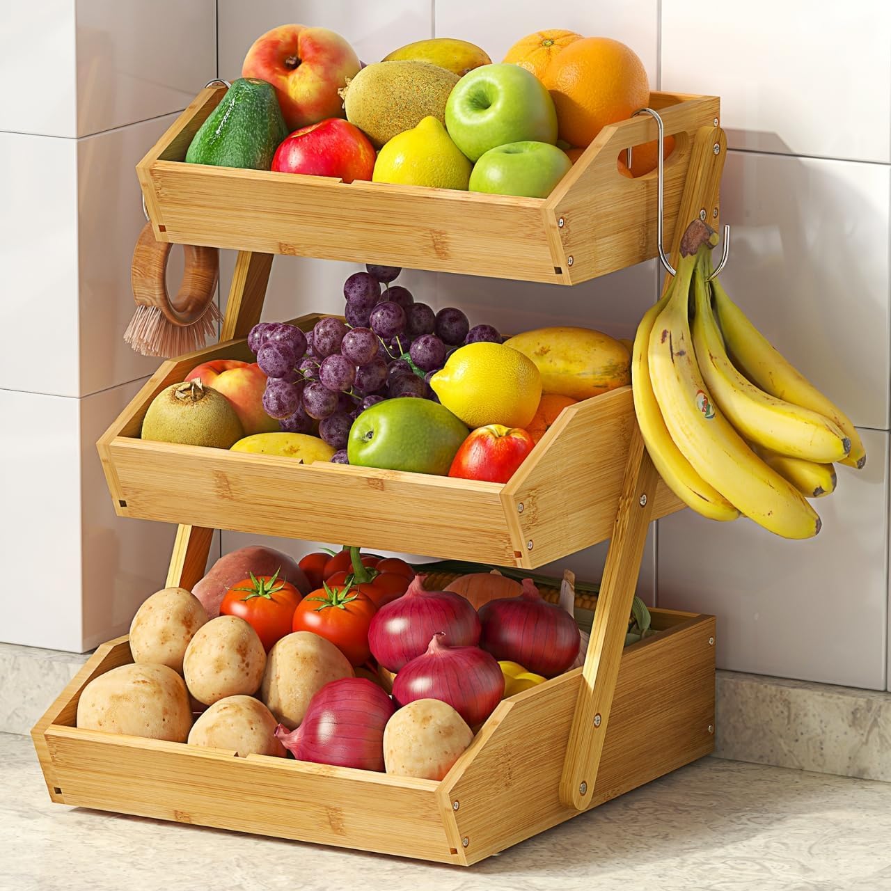 3-Tier Bamboo Fruit & Vegetable Organizer with 2 Banana Holders, Space-Saving Kitchen Countertop Storage