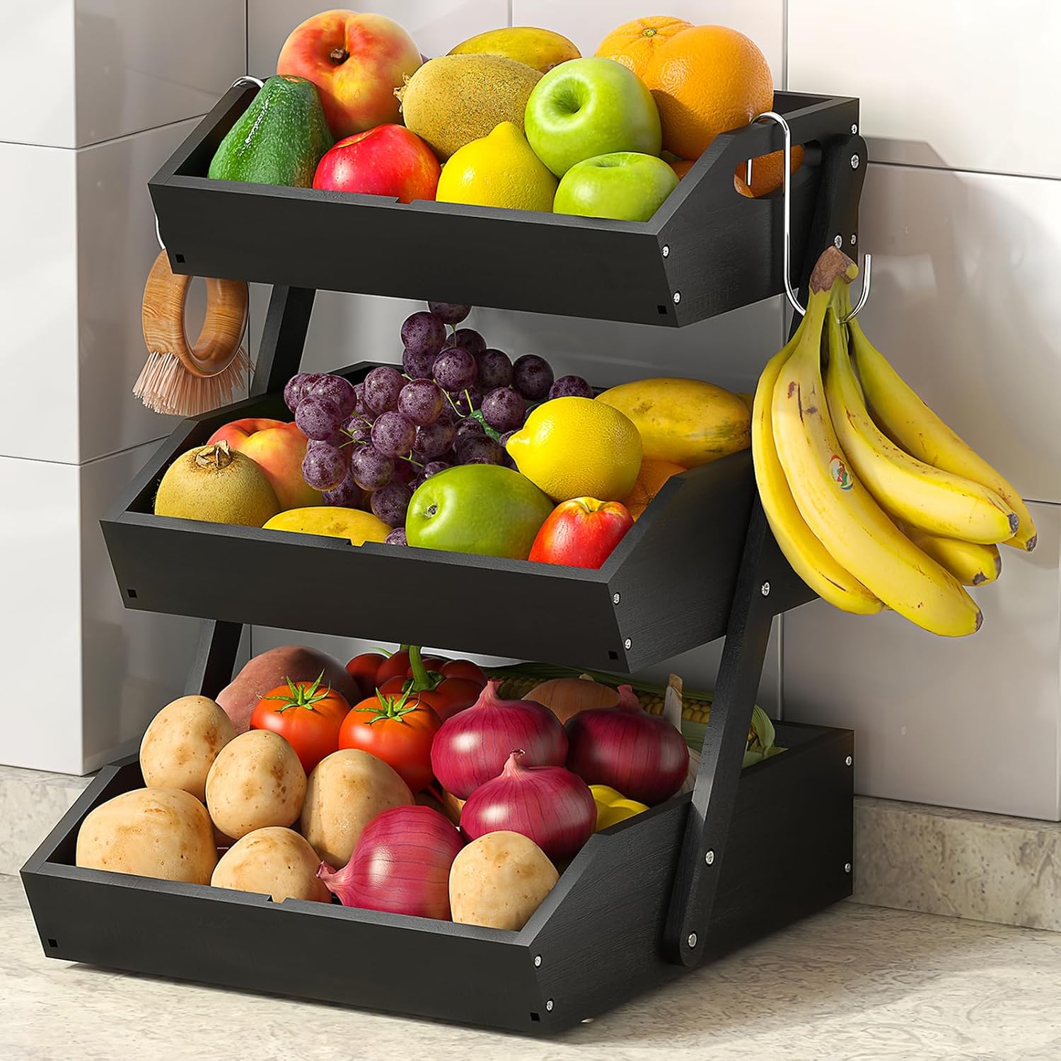 3-Tier Bamboo Fruit & Vegetable Organizer with 2 Banana Holders, Space-Saving Kitchen Countertop Storage