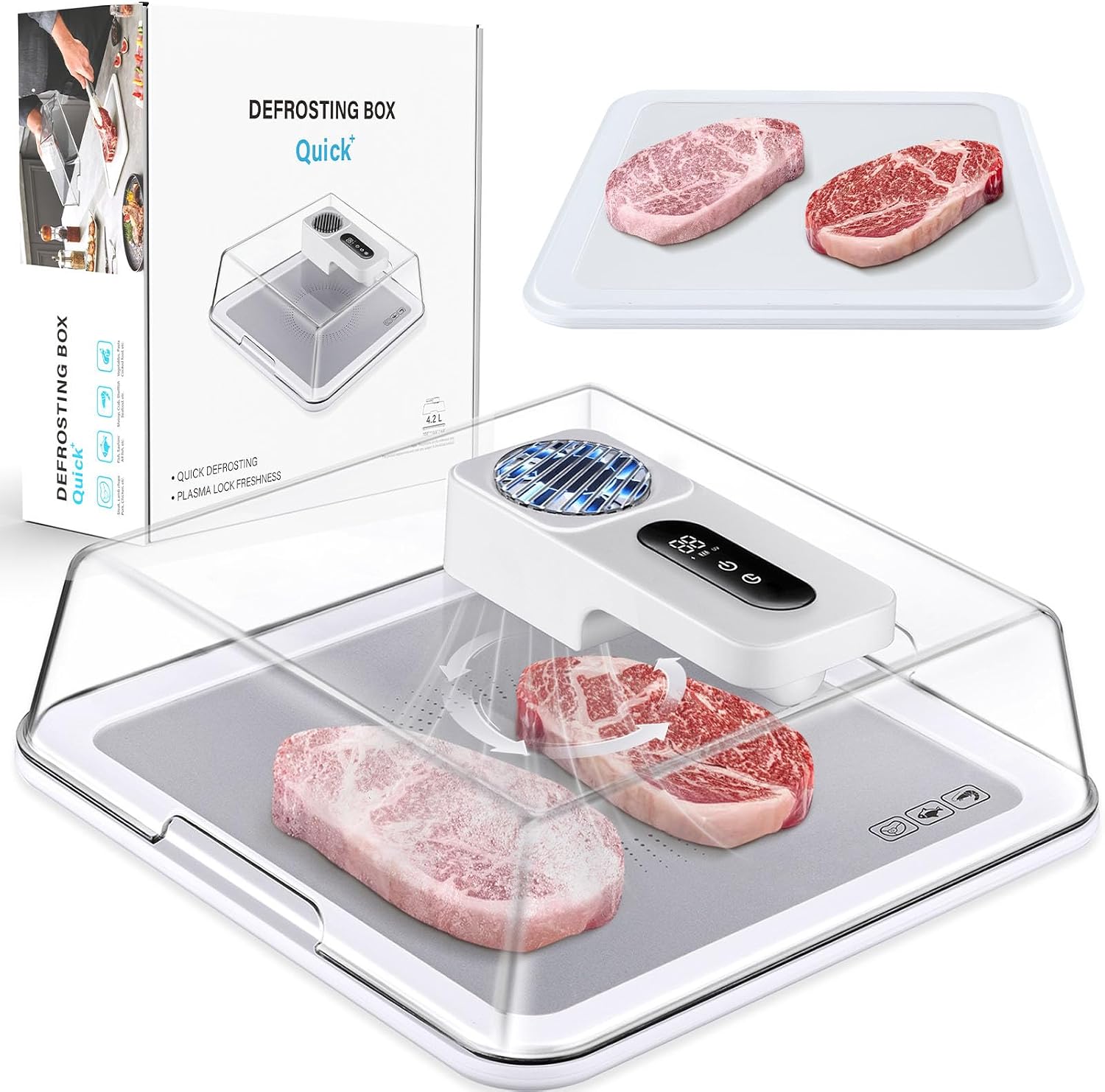 HULIABU Rapid Defrosting Tray for Frozen Meat, Meat Thawing Tray for Frozen Meat with Airflow Technology, Meat Defroster, Smart Defrosting Mat, Thawing Mat, No Microwaves, No Cold/Warm Water Required, White