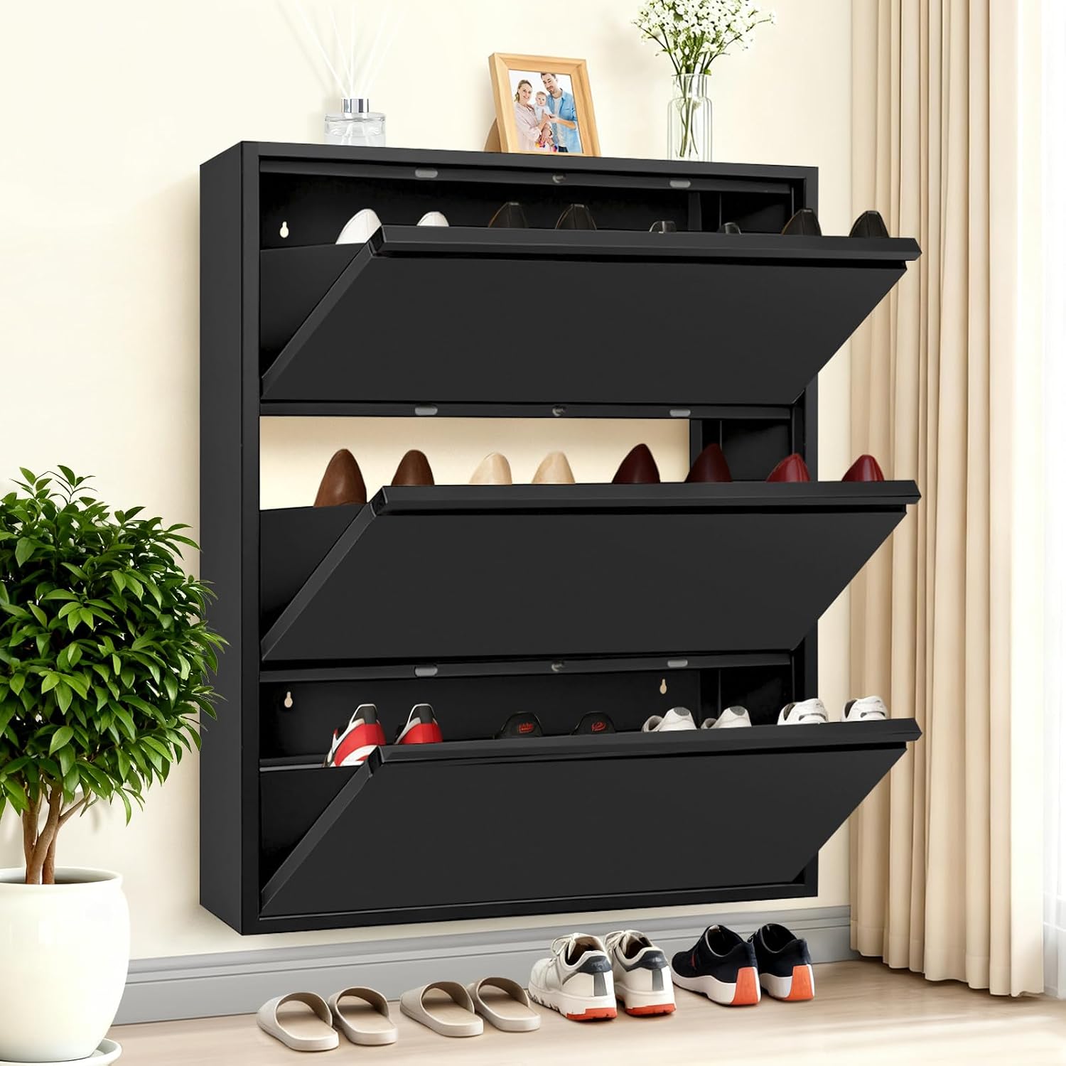 Shoe Storage Cabinet with 3 Flip Drawers, Hidden Slim Narrow Shoe Rack Cabinet, Wall Mount Metal Shoe Cabinet for Entryway, White