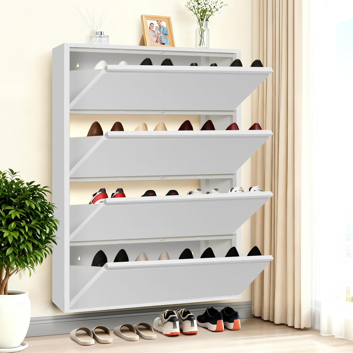 Shoe Storage Cabinet with 3 Flip Drawers, Hidden Slim Narrow Shoe Rack Cabinet, Wall Mount Metal Shoe Cabinet for Entryway, White