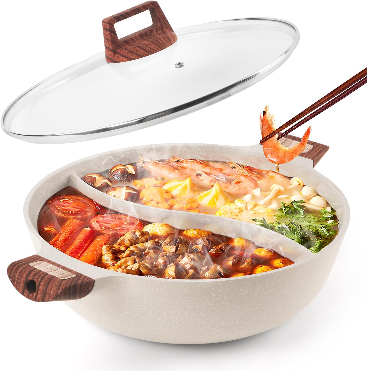 Dual Sided Hot Pot with Divider, 7QT Non-Stick Shabu Shabu Pot, Split Cooking Pan for Induction Stove, Family Party Cookware，gift
