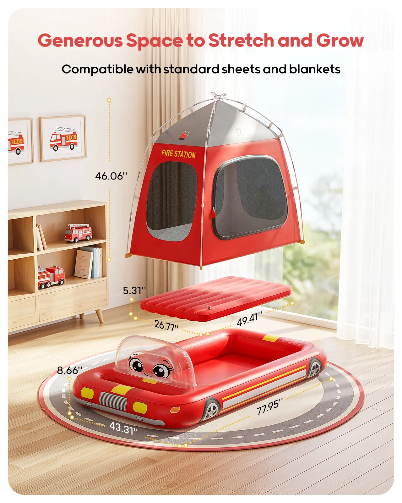 HULIABU Inflatable Kids Travel Bed, Toddler Airbed with Sides, Hand Pump Included, Portable Racing Car Design, Safe Materials for Camping, Traveling Hotel Home Use Self Inflating Bed Quick Inflate tiktokshopbacktoschool