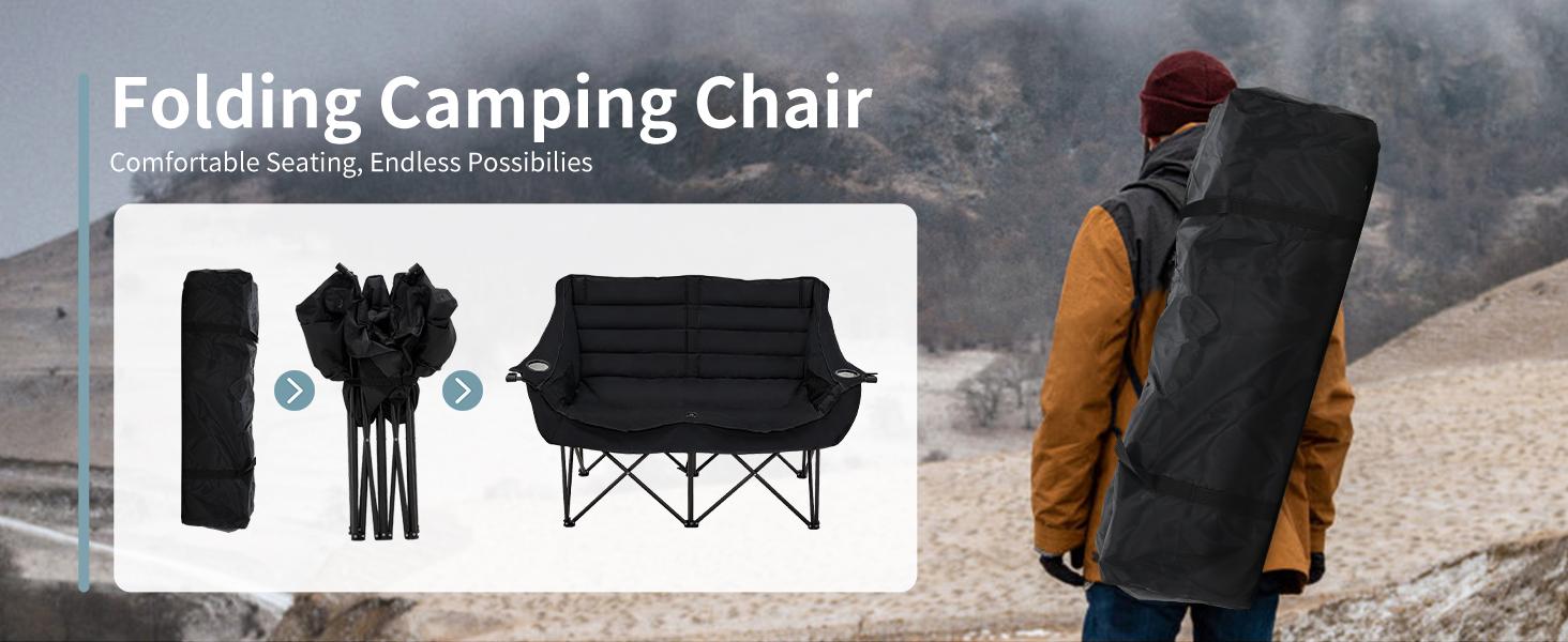 ABORON XXL Oversized 2-Person Padded Foldable Loveseat Camping Chair - Oxford Fabric, 500 lbs Capacity, Large Portable Beach Chair, Collapsible Lightweight Outdoor Seating for Camping Lawn, Large Portable Chairs