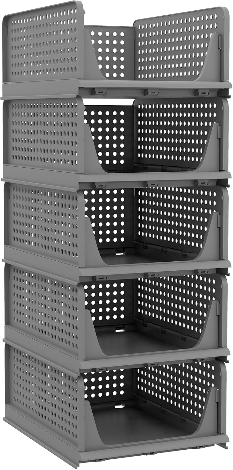 5 Pack Stackable Plastic Storage Closet Organizers and Storage Bins Drawer Shelf Storage Container for Wardrobe Cupboard Kitchen Bathroom Office White