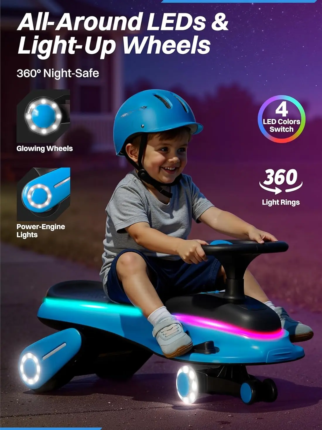 HULIABU 45W 5.5A Light-Up Electric Wiggle Car with Pedal, Rechargeable Battery, 2-in-1 Swing Car, 2 Speed Ride-On Toy, Anti-Rollover, Flashing Wheels for Ages 3+ (Up to 110 lbs)