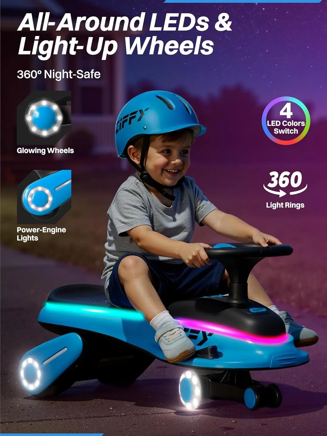 ZIFFY 45W 5.5A Light-Up Electric Wiggle Car with Pedal, Rechargeable Battery, 2-in-1 Swing Car, 2 Speed Ride-On Toy, Anti-Rollover, Flashing Wheels for Ages 3+ (Up to 110 lbs)