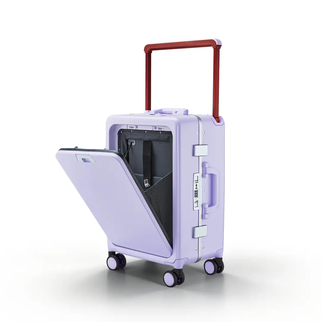 Polycarbonate Carry On Luggage with Front Opening, Waterproof Buckle Closure, Innovative Wide-Handle, 360° Spinner Wheels with Brakes & USB Port, 4 Wheels 360 Rotation, Water Resistant, Anti-Theft