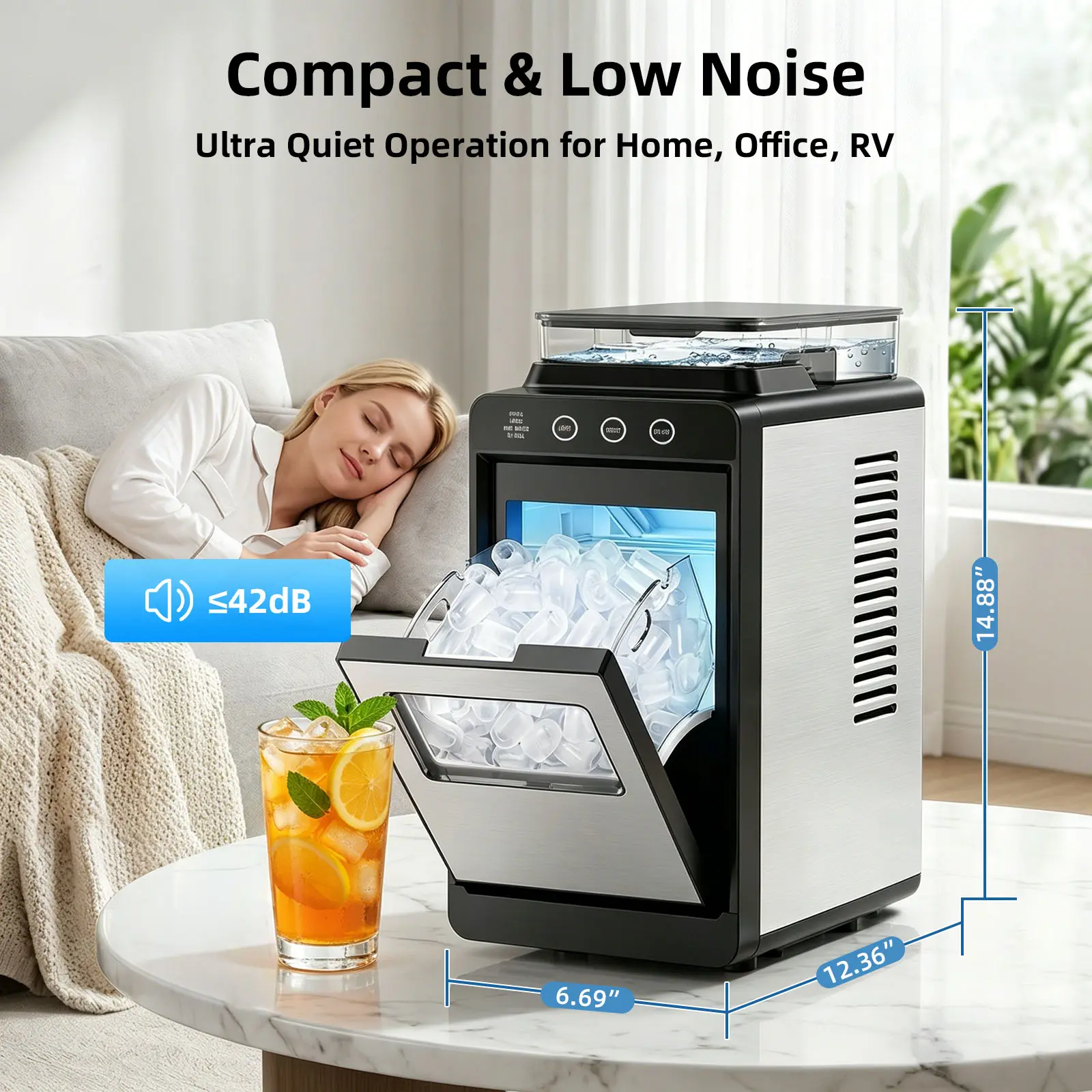 Ice Maker, Portable Ice Machine with Self-Cleaning Function, 8 Cubes in 6 Mins Fast Countertop Ice Making, Compact Ice Cube Maker for Home, Kitchen, RV, Travel, Steel