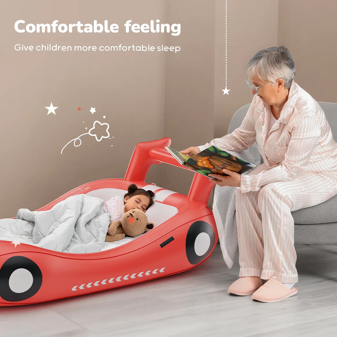 HULIABU Inflatable Kids Travel Bed, Toddler Airbed with Sides, Hand Pump Included, Portable Racing Car Design, Safe Materials for Camping, Traveling Hotel Home Use Self Inflating Bed Quick Inflate tiktokshopbacktoschool
