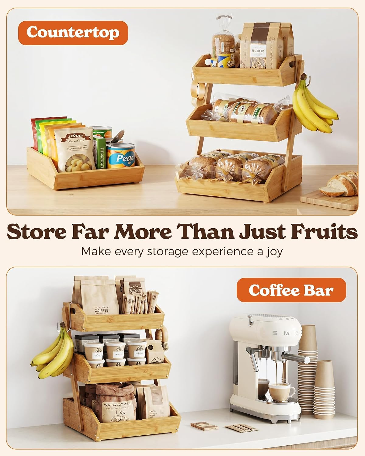 3-Tier Bamboo Fruit & Vegetable Organizer with 2 Banana Holders, Space-Saving Kitchen Countertop Storage