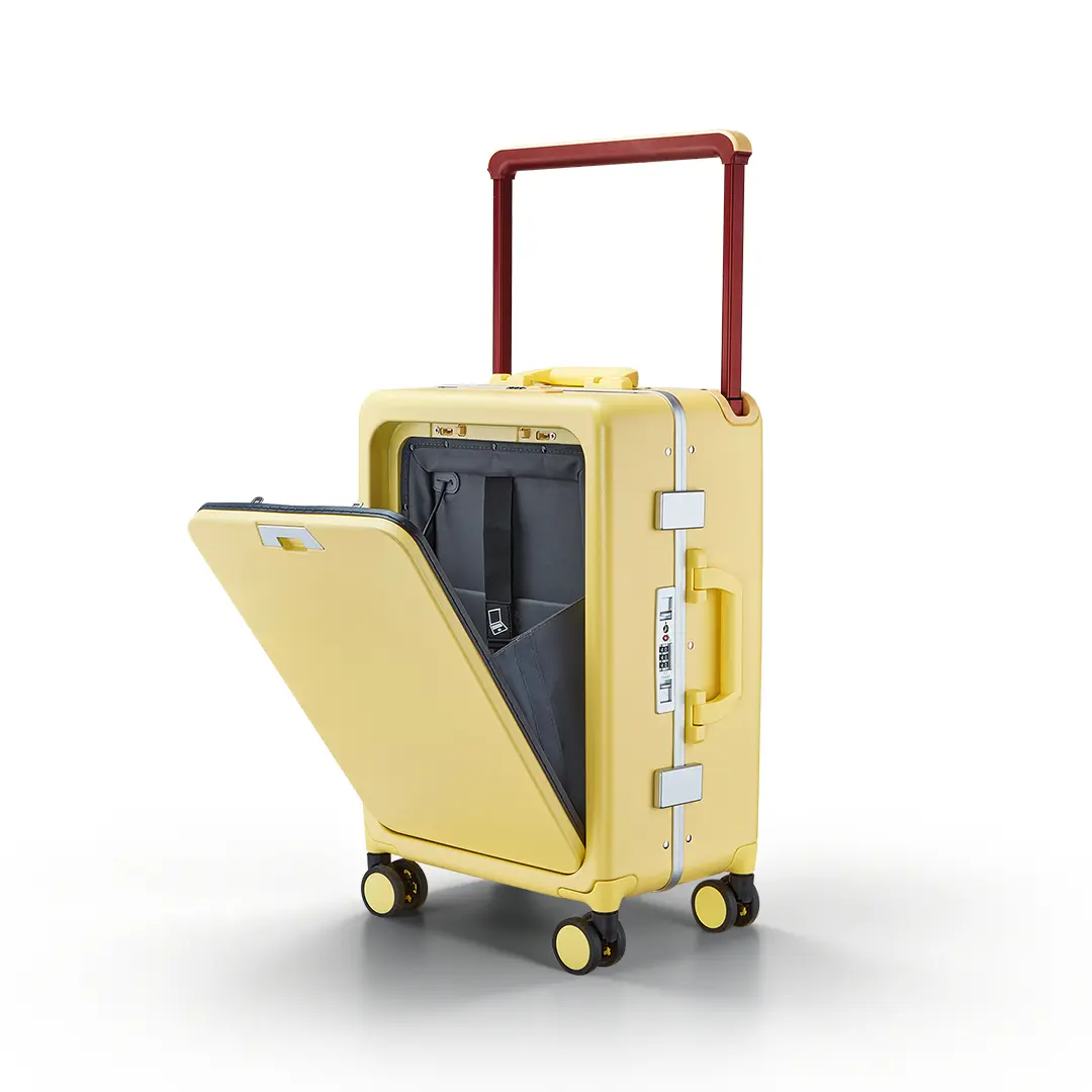 Polycarbonate Carry On Luggage with Front Opening, Waterproof Buckle Closure, Innovative Wide-Handle, 360° Spinner Wheels with Brakes & USB Port, 4 Wheels 360 Rotation, Water Resistant, Anti-Theft