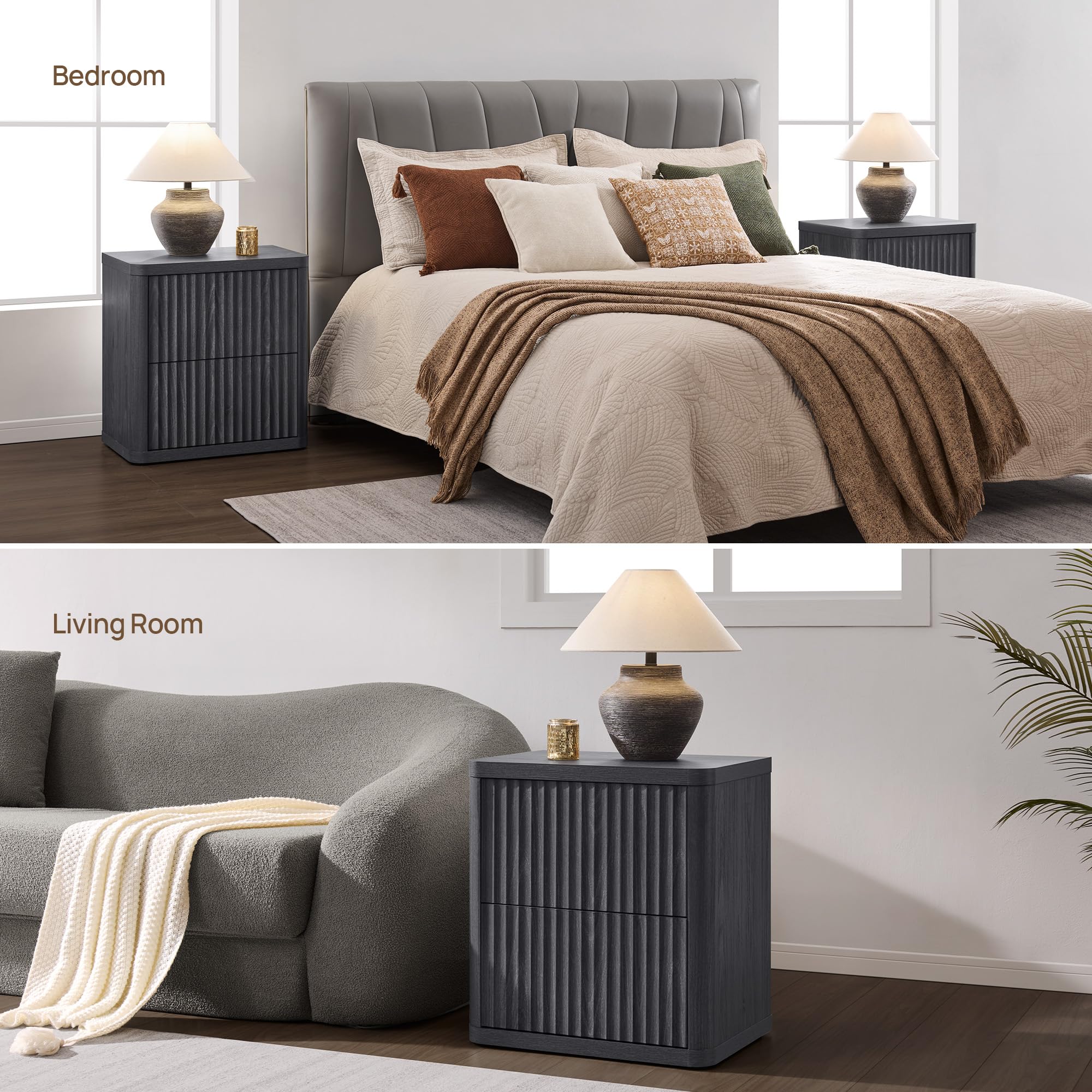 SICOTAS Set of 2 Wood Nightstands - 22.75" Wide Contemporary End Tables, Fluted Modern Bedside Table Cabinets with 2 Large Handleless Drawers, Curved Edges for Bedroom Small Spaces Furniture, Bedside Table Cabinet