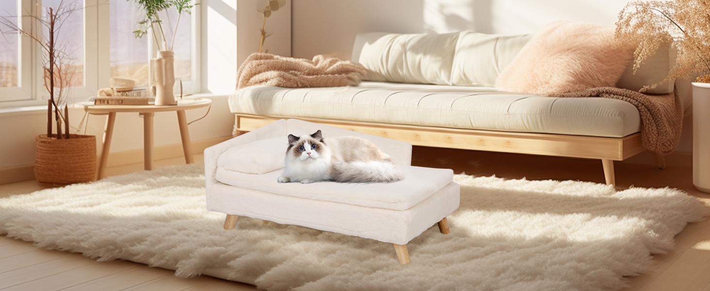Elevated Dog Bed Couch Sofa: Wooden Dog Chair with Bolster Cushion for Small Dogs Cats Cute Pet Chaise Soft Cushion Washable, 31.7 x 18.9 Inches