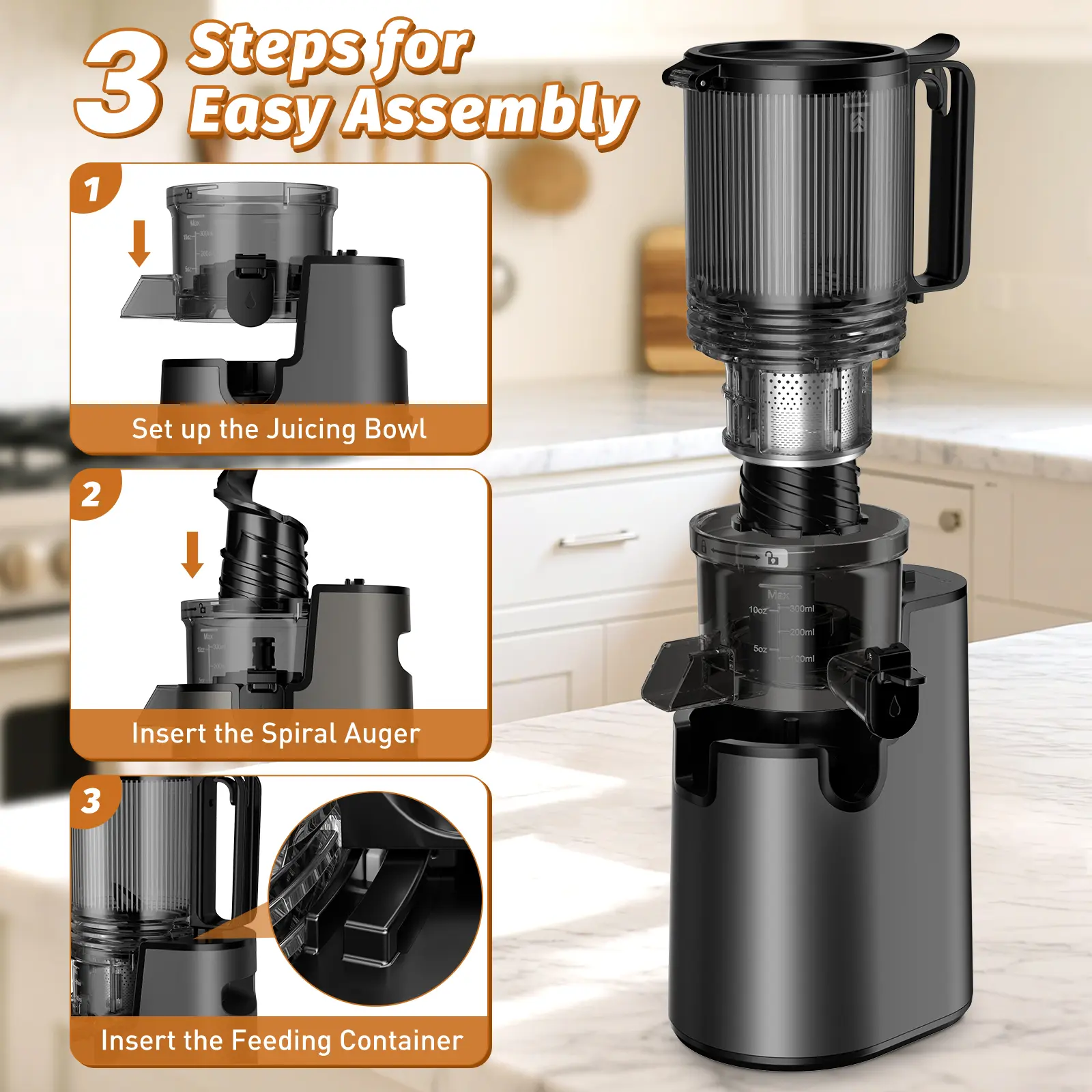 LQZ 350W Cold Press Juicer - Slow Masticating, 5.4 Inch Feed Chute, High Juice Yield, Easy Clean, 55rpm Technology for Whole Fruits & Veggies,Summer Glow