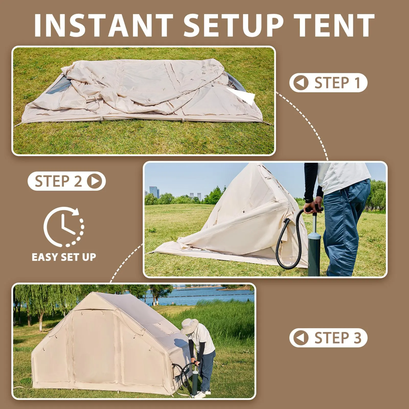 DoCred Large Inflatable Camping Tent with Pump, Glamping Tents with Stove Jack, Easy Set up 4 Season Waterproof Windproof Outdoor Gazebo, Luxury Cabin Tent with Removable Mesh Windows & Doors for Beach, Backyard, Sleepovers, Camping