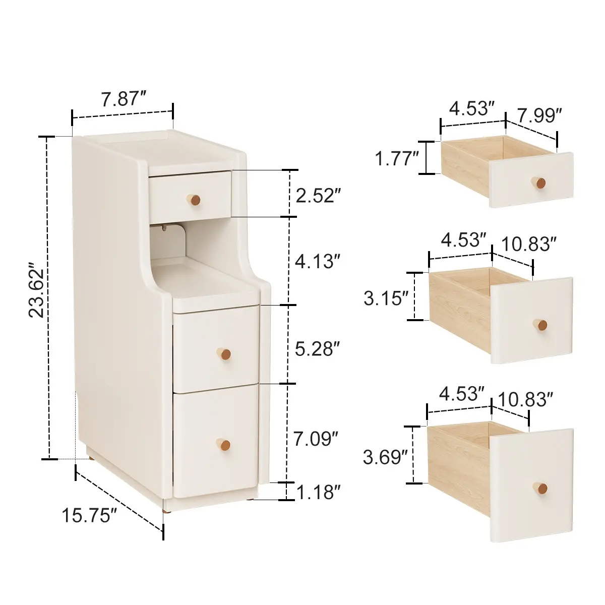 Solid Wood Fully Assembled Nightstand | 3-Drawer Slim Bedside Table, Quiet Glide, Modern Bedroom