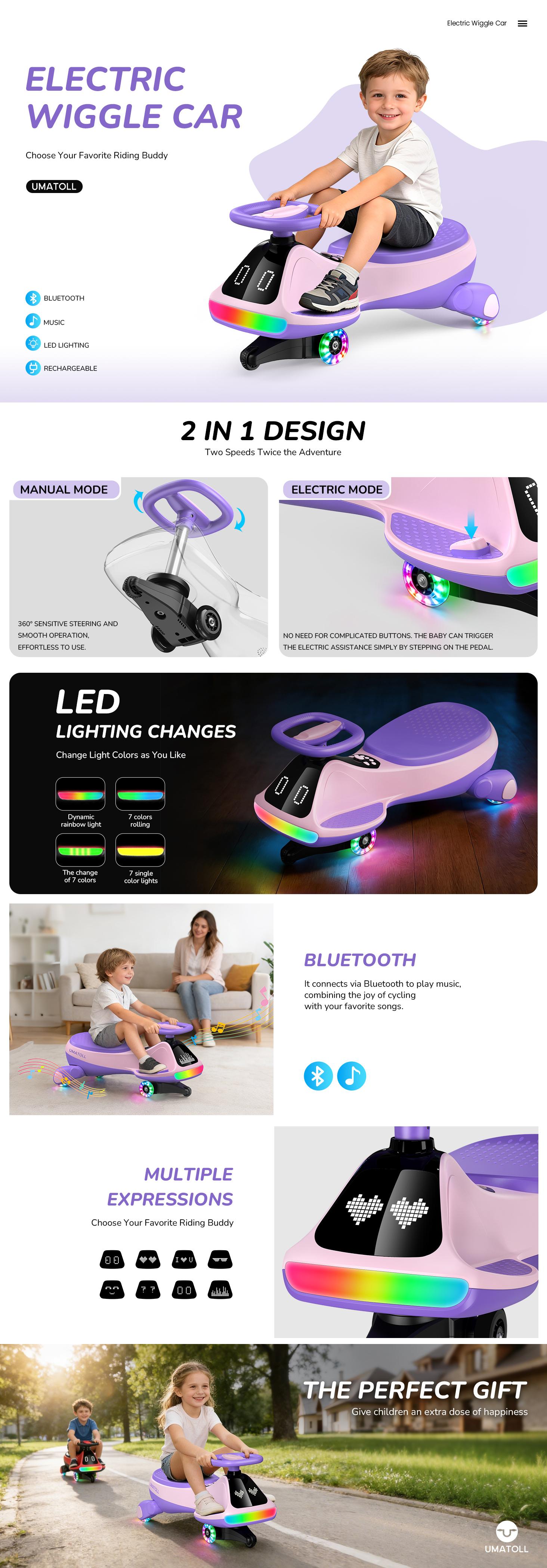 Umatoll Premium 12V Electric Wiggle Car with Digital Display Screen, Pedal & RGBIC LED Lights, Bluetooth Music Ride on Toys, Twist Car, Birthday Gifts， Adjustable Lighting Screen,  #DealsForYouDays