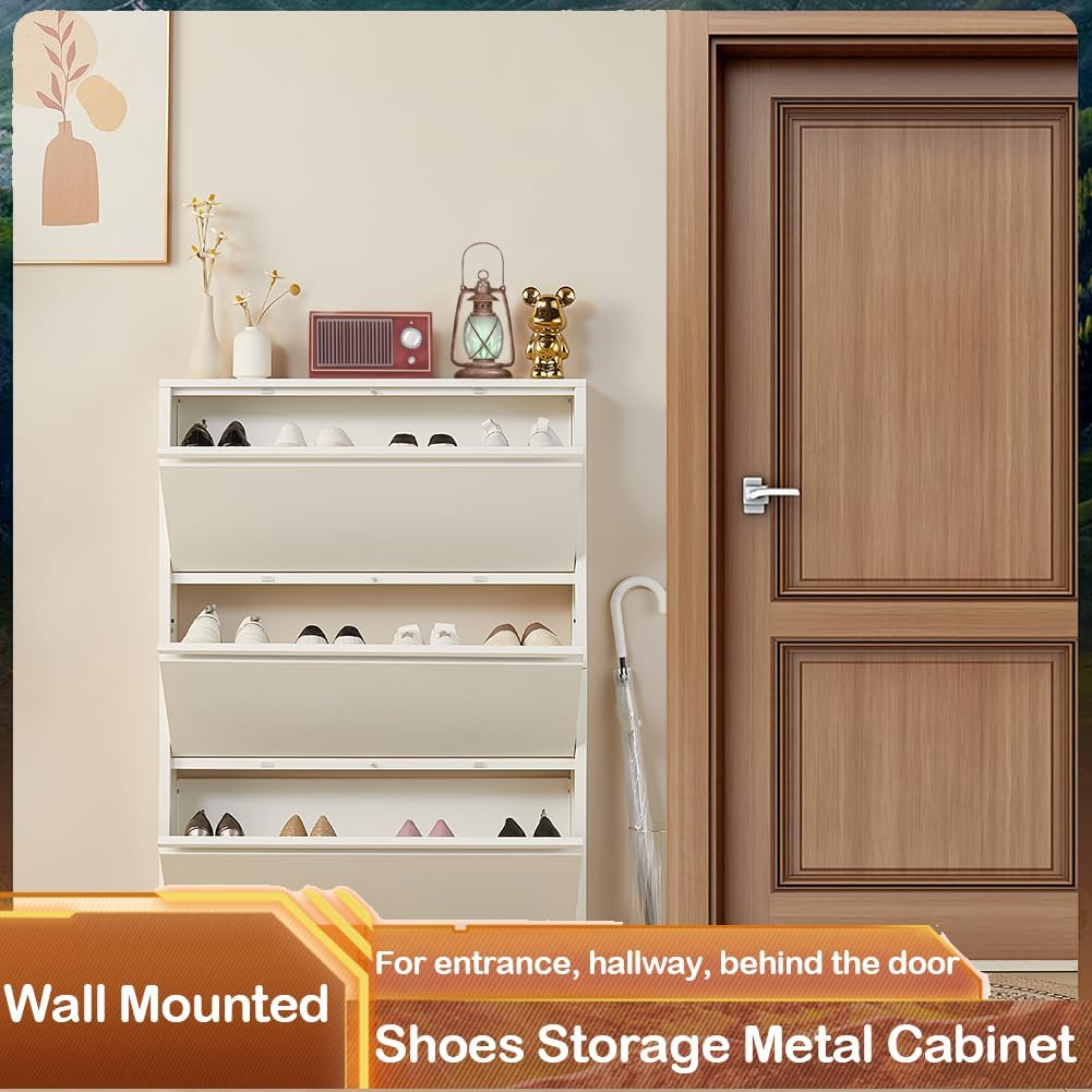 Shoe Storage Cabinet with 3 Flip Drawers, Hidden Slim Narrow Shoe Rack Cabinet, Wall Mount Metal Shoe Cabinet for Entryway, White