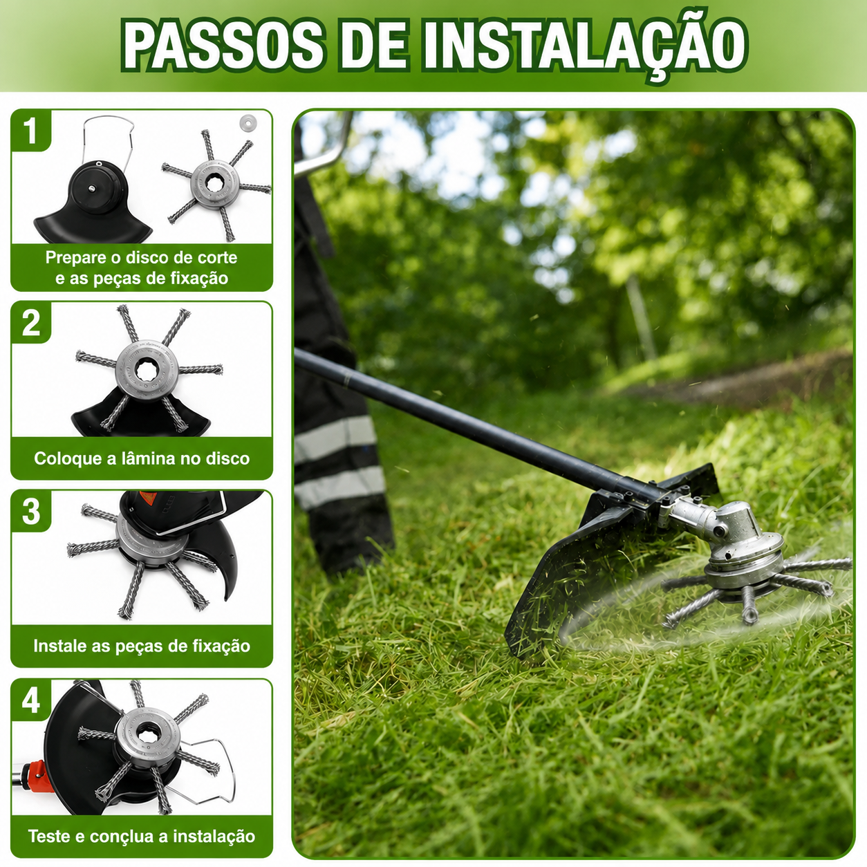 ⚡ A cabeça do cortador de relva possui 6 lâminas em aço inoxidável