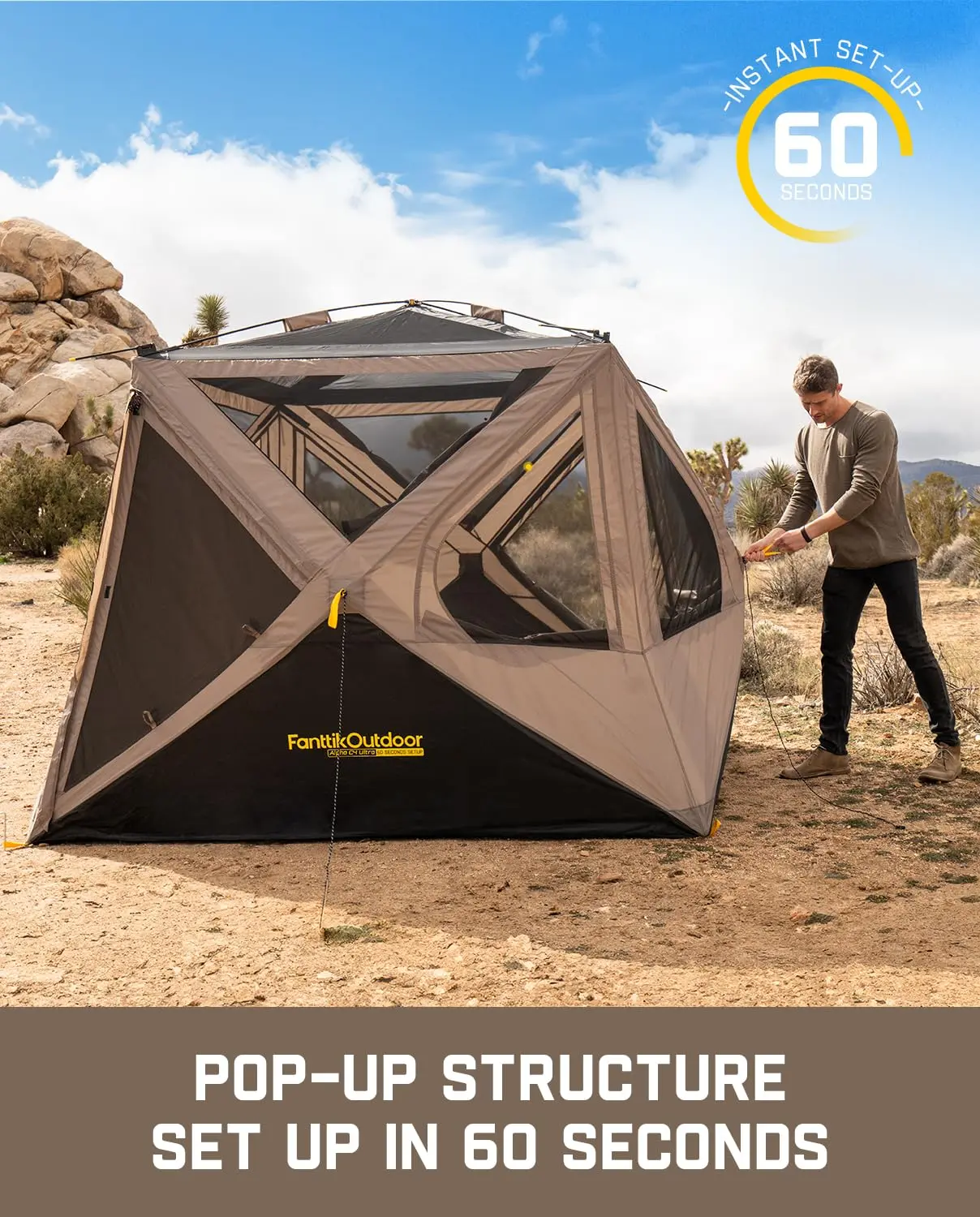 FanttikOutdoor Alpha C4 Ultra Camping Tent 4 Person Pop Up Instant Cabin Setup in 60 Seconds Portable Hub Tent with Rainfly & Windproof for Outdoor Camping & Overlanding, Instant Canopy Tent, Windproof Folding Tent,SummerWins