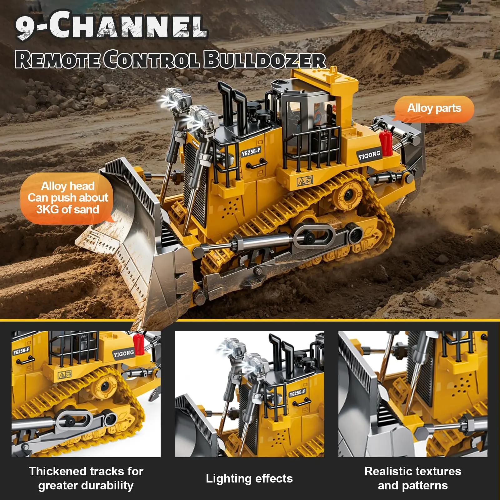 (Easy for kids!)Excavator RC Construction Truck 2.4G High-tech Remote-Control Bulldozer Construction Vehicle Electronic Toy Features lights, sounds and realistic tracks, suitable for children's play, children's gifts, birthday gifts,not 100% metal
